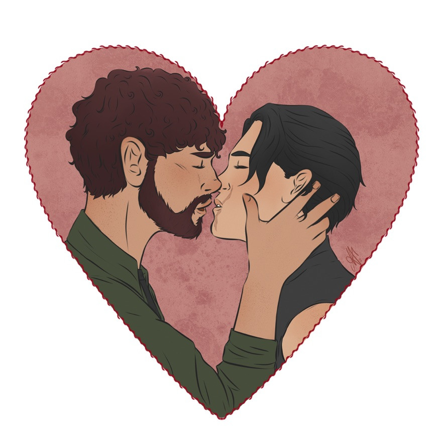 Image of two men kissing in a heart frame. Left man is tan with dark brown hair and beard. Right man is paler with black hair and a scar across his lips. 