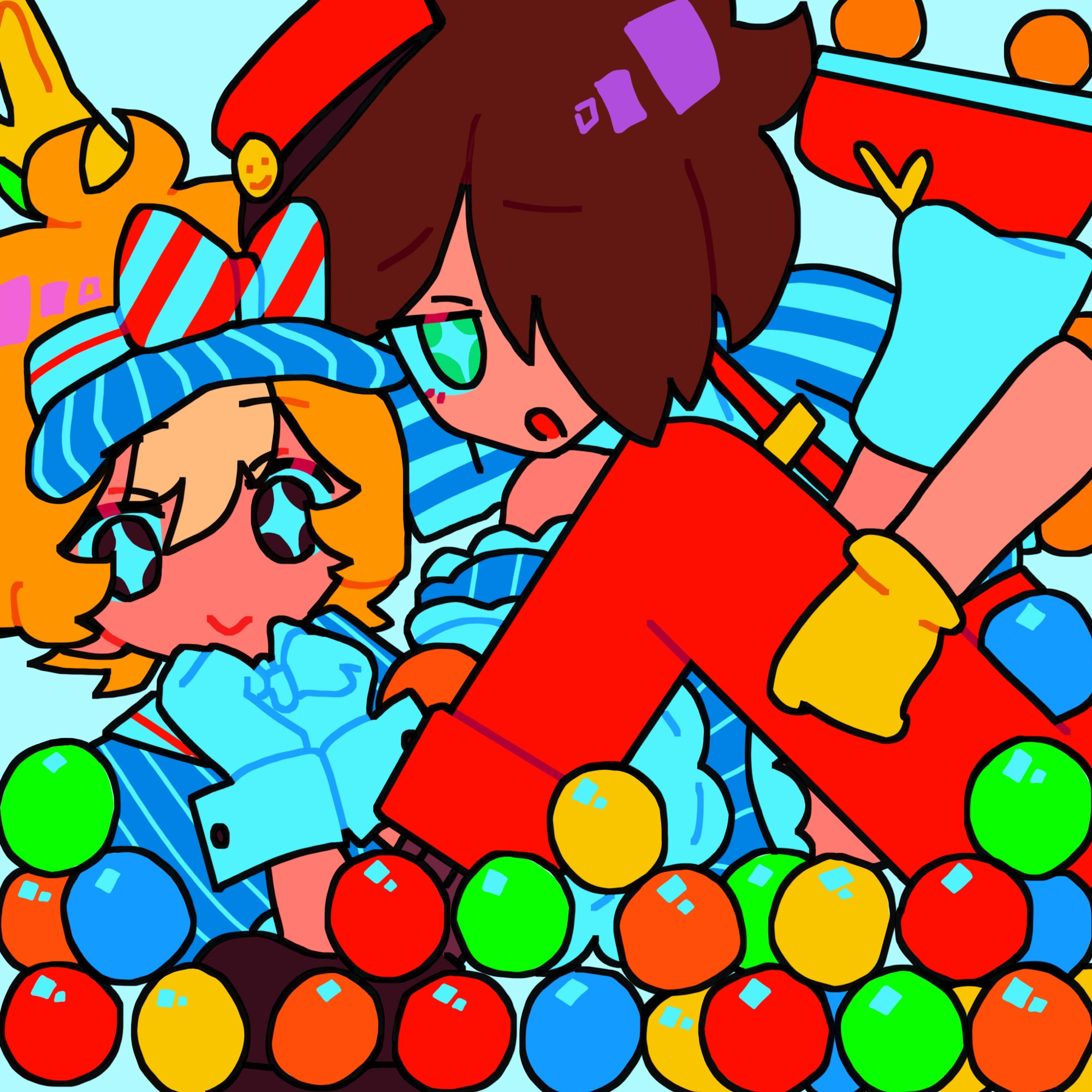 blonde haired guy dressed as hatsune miku from the music video mesmeriser and a brown haired guy dressed as kasane teto also from the music video mesmeriser. there are colourful balls beneath them and they appear to be in a box 