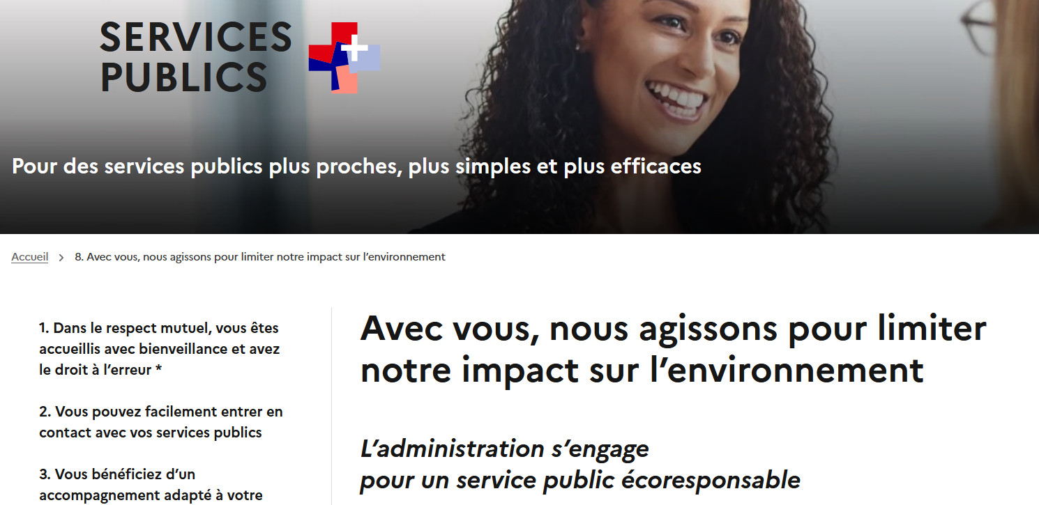 Capture d'écran de https://www.plus.transformation.gouv.fr/engagement/8. On lit notamment Avec vous, nous agissons pour limiter notre impact sur l’environnement L’administration s’engage pour un service public écoresponsable"