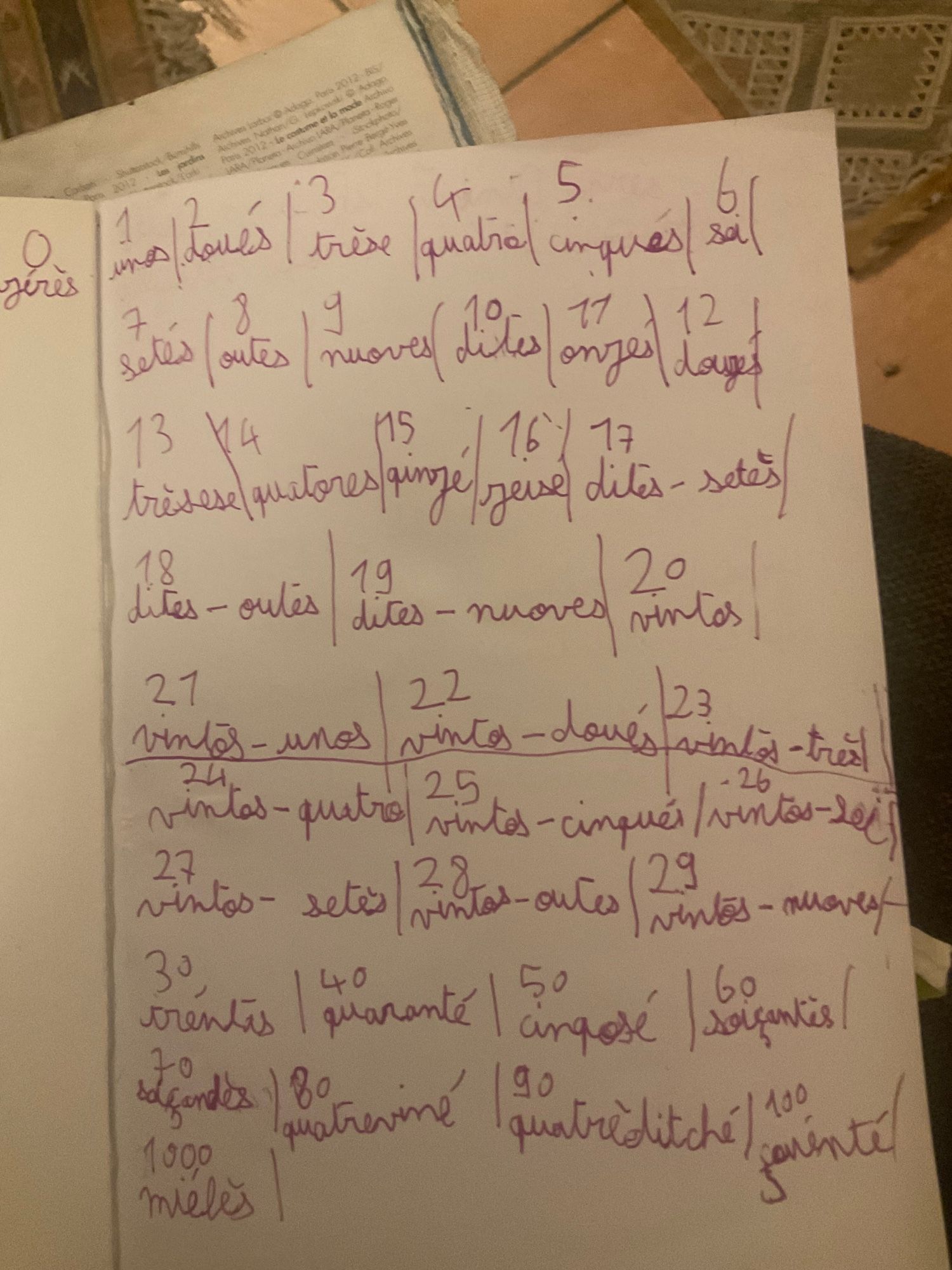 Une page du manuscrit du premier dictionnaire français-secretii. En règle générale le secretii consiste à rajouter le son « esse » à la fin d’un mot français, mais parfois c’est plus subtil que ça