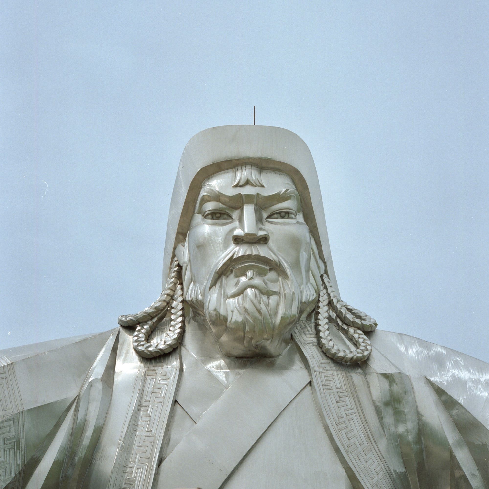 A colour film photo. A close up of the stainless steel depiction of Genghis Khan at the Genghis Khan Statue Complex in Ulaanbaatar, Mongolia. Friday, July 5, 2024.