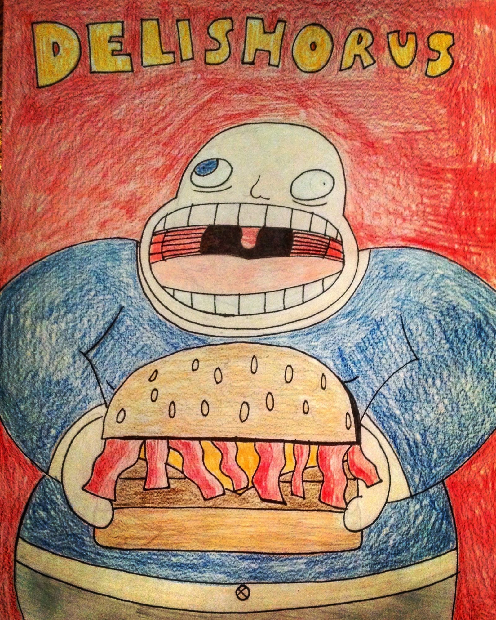 First drawing of my oc Fred Johnson where hes about to eat a massive burger.