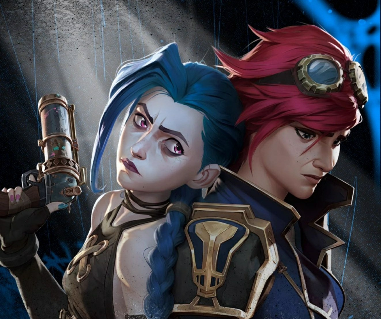 Arcane Season 2 Promotion Image of Jinx and Vi back to back with Jinx looking back at Vi with her gun in the air and Vi looking down sadly (while holding Jinx's hair in her gauntlets off screen)