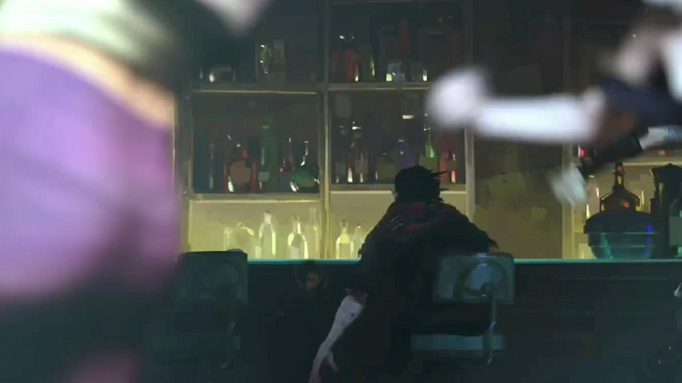 Screenshot from the Arcane Season 2 Clip Nothing To Lose of Vi sitting alone at a night club bar counter with her drink knocked over and her starting to lose balance.