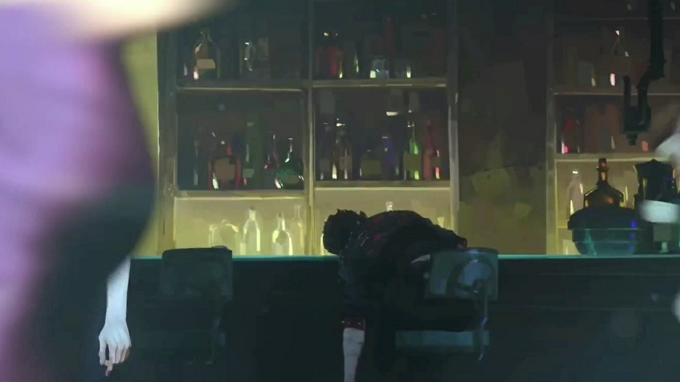 Screenshot from the Arcane Season 2 Clip Nothing To Lose of Vi sitting alone at a night club bar counter with her drink knocked over and her passed out head first onto the counter.