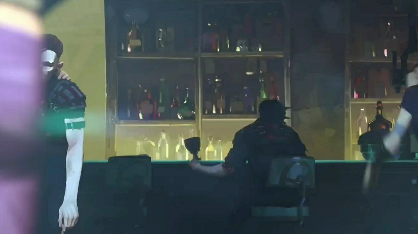 Screenshot from the Arcane Season 2 Clip Nothing To Lose of Vi sitting alone at a night club bar counter with her drink set down on it.