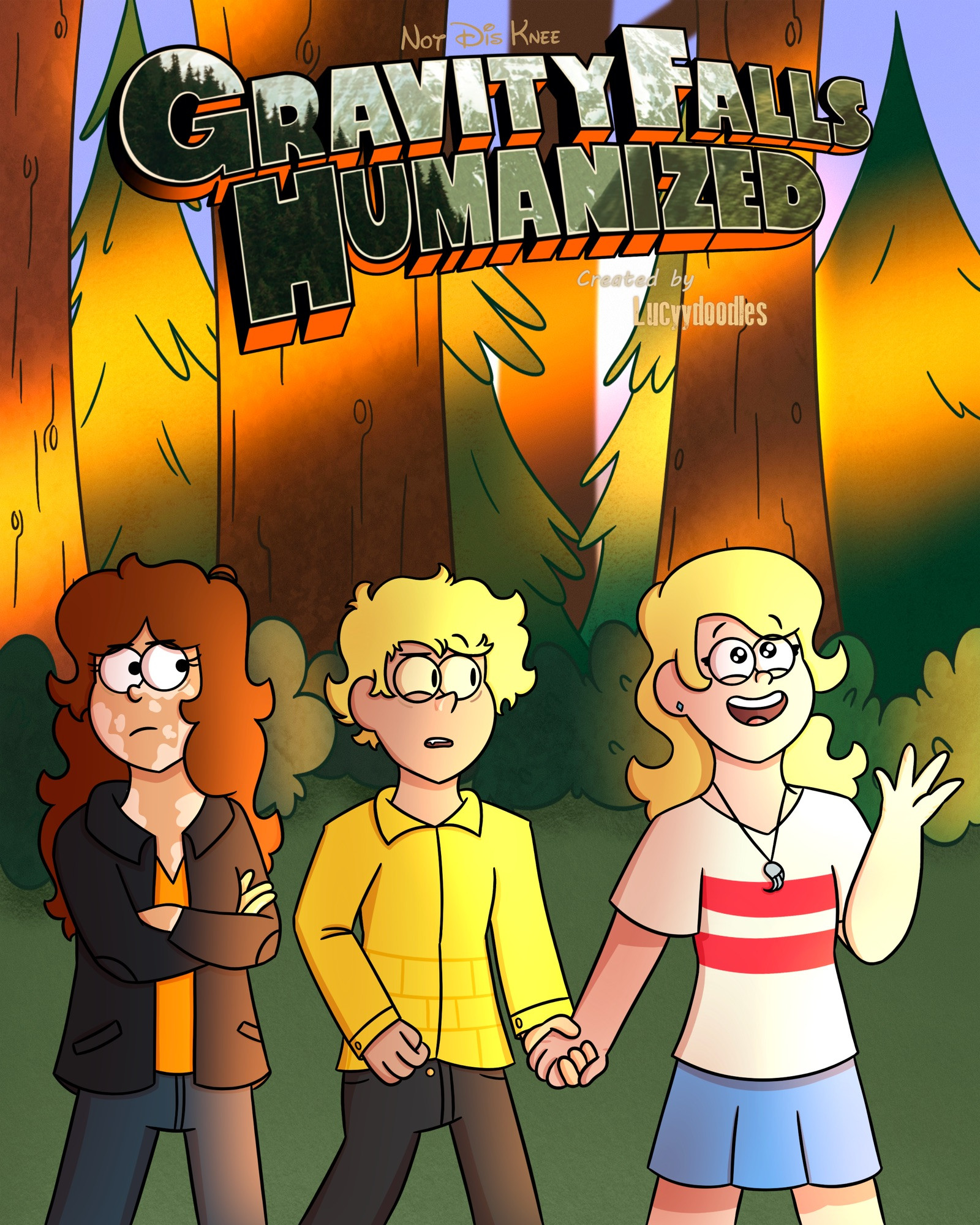 A Poster of a Gravity Falls AU called "Humanized" featuring a skrunkly Human Bill Cipher with two Fan OCs to his left and right. The brown haired on the left eyes him suspiciously. The blonde on the right has a joyful sparkly expression in her eyes. Bill, while holding her hand, looks her seemingly concerned.