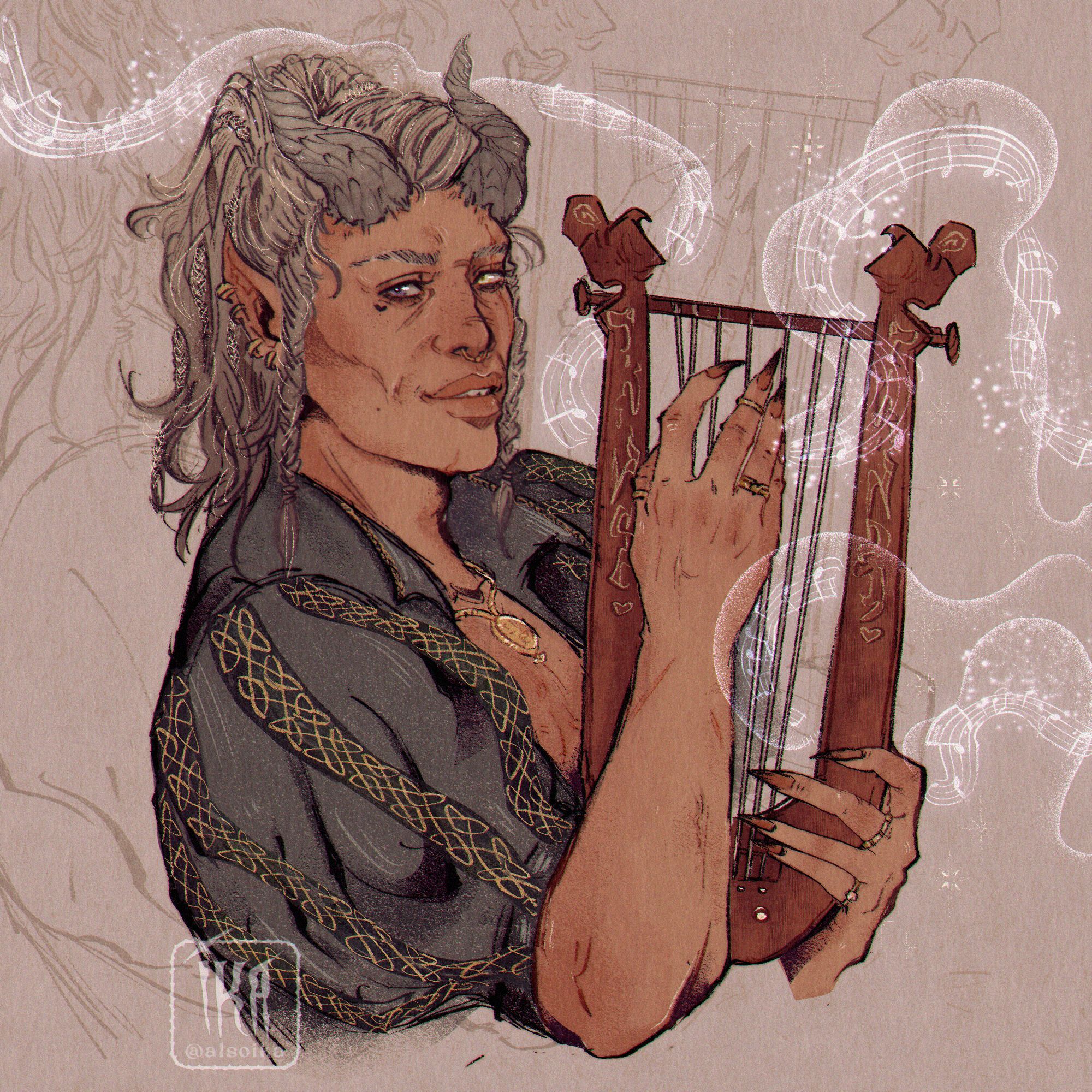 Oc tiefling bard portrait, holding a lyre surrounded by wispy musical notes