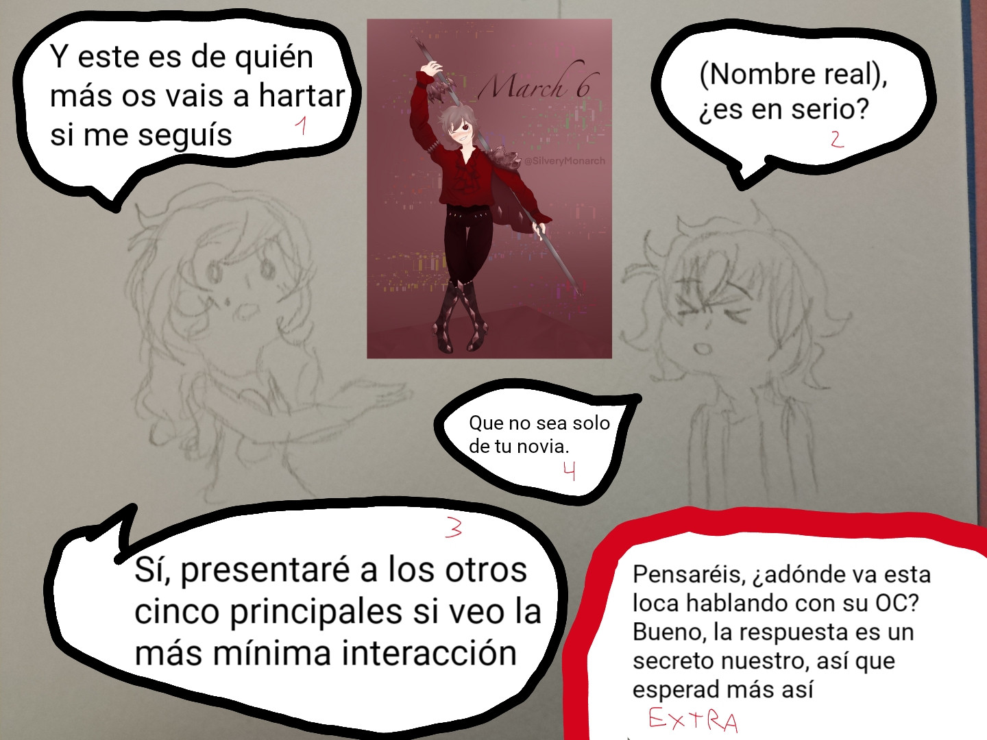 Presentación de mi OC favorito y charla con él (sí, hablamos entre nosotros, secretillos nuestros)

Uso el verbo "hartarse" ya que seguramente lo dibuje muchísimo

Después, menciono que si veo alguna interacción con este post presentaré a los demás personajes principales de la obra (ya en una manera más formal)