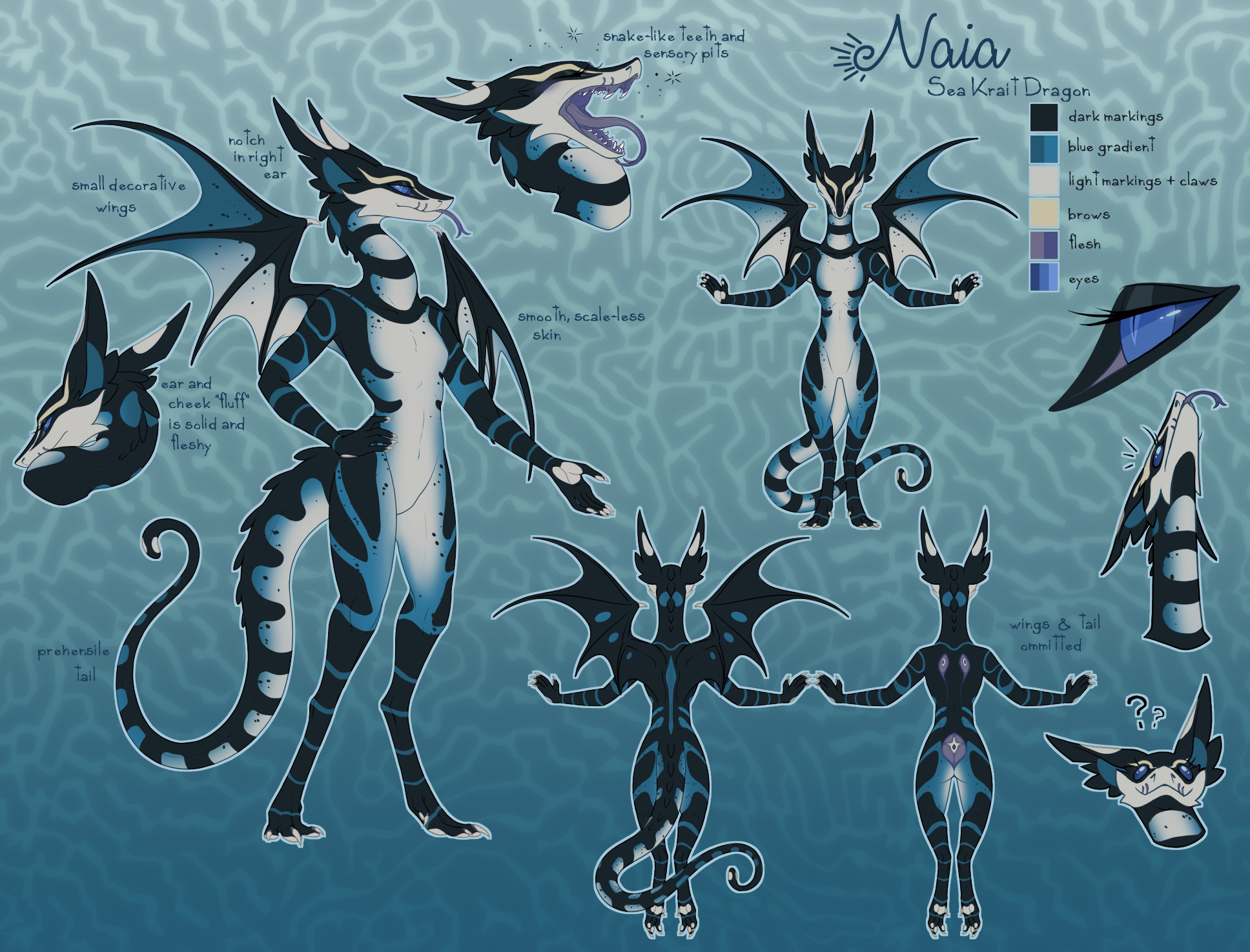 Reference sheet of an anthropomorphic dragon. The colors are modeled after a yellow-lipped sea krait.