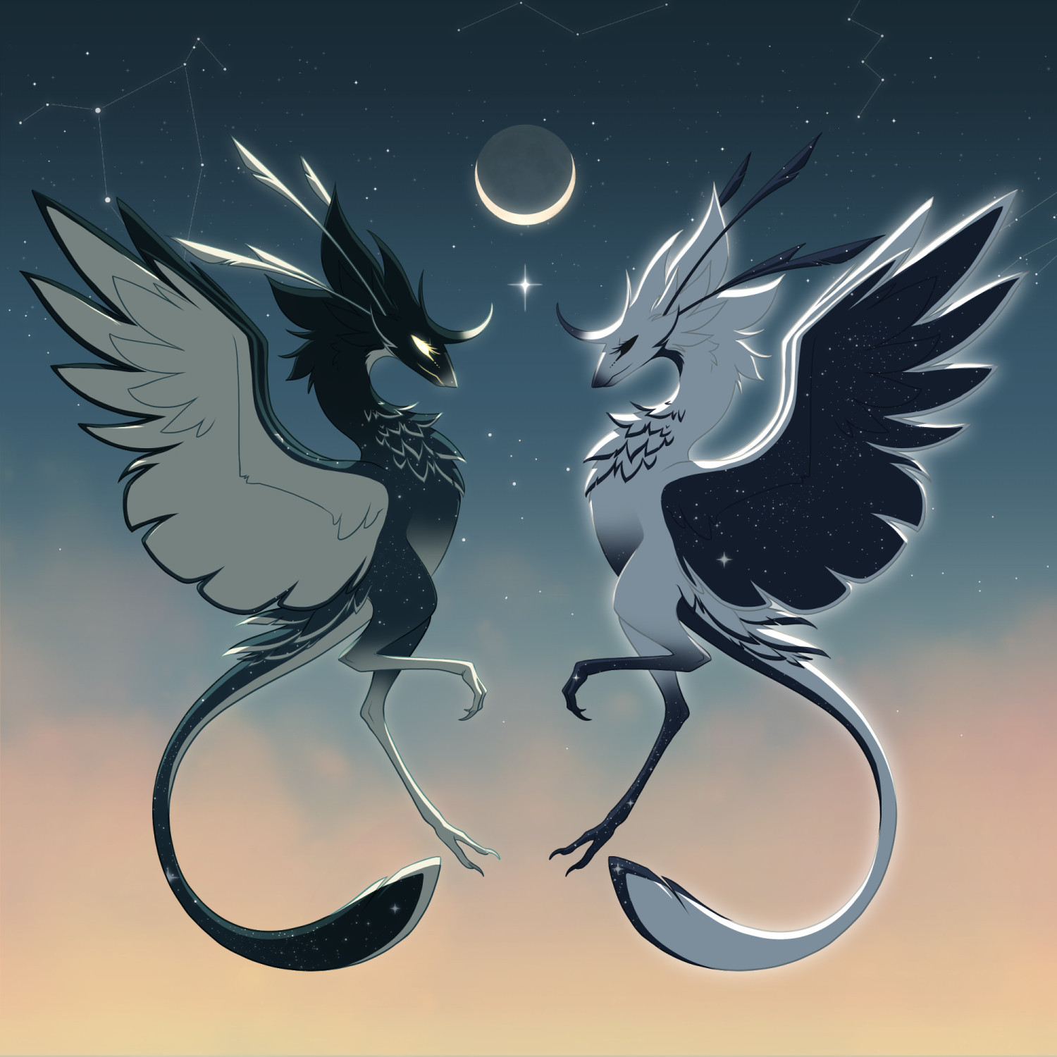 Two lanky bird-like dragons mirroring each others' poses in front of a moon-set, with stars and a crescent moon visible. The one on the left is dark blue with lighter colors and stars, while the one on the right is white with inky-blue markings that contain stars.