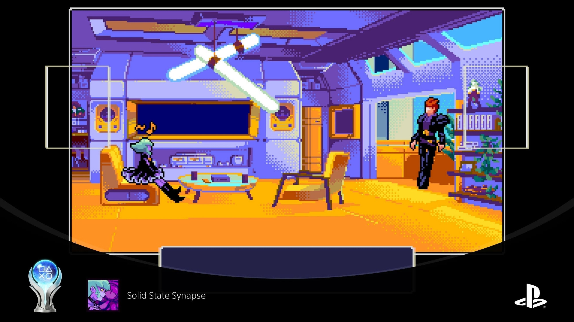 screenshot of Luna's apartment with text Solid State Synapse and a platinum trophy icon.