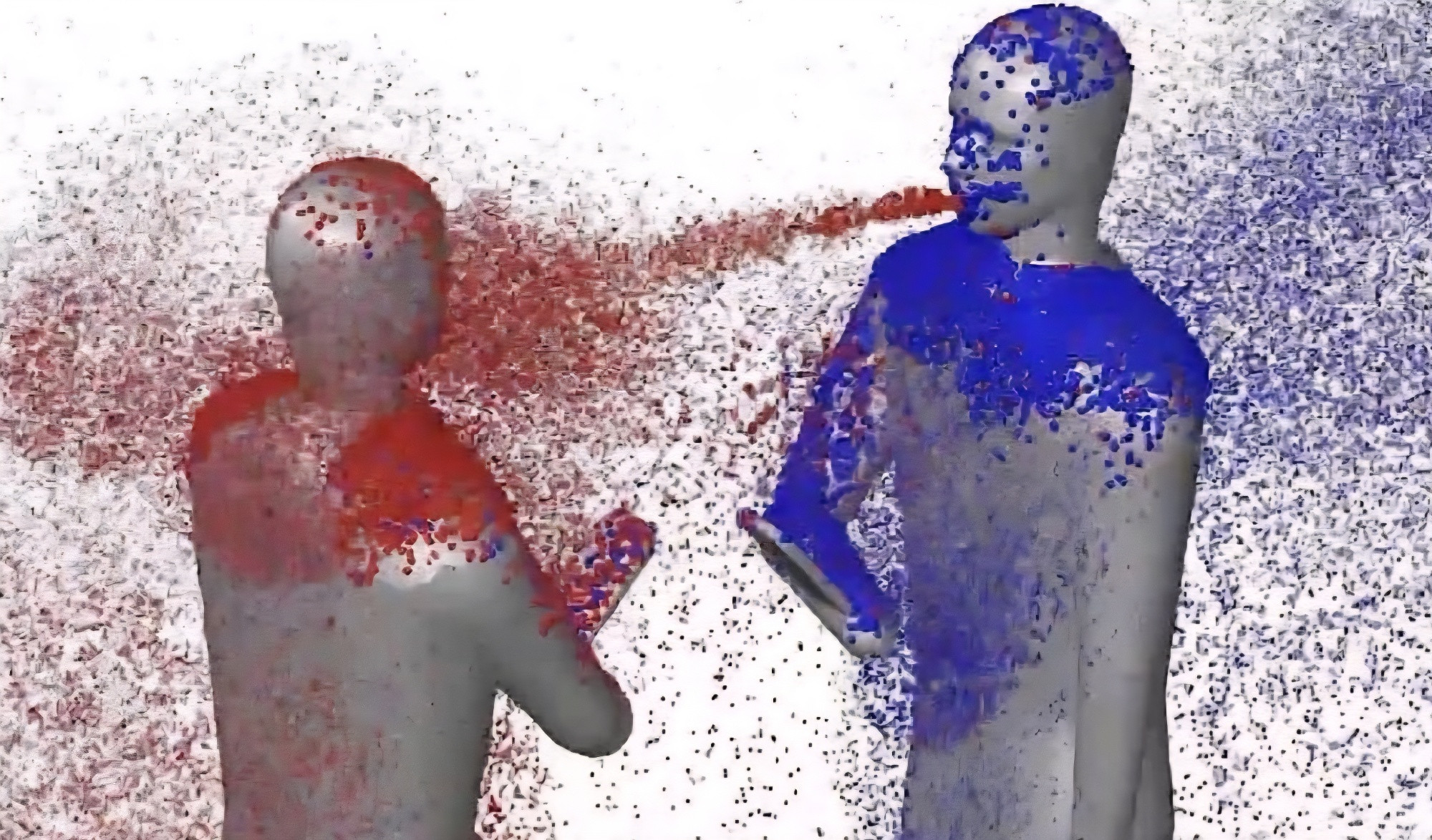 two cgi guys blast colored particles at each other 