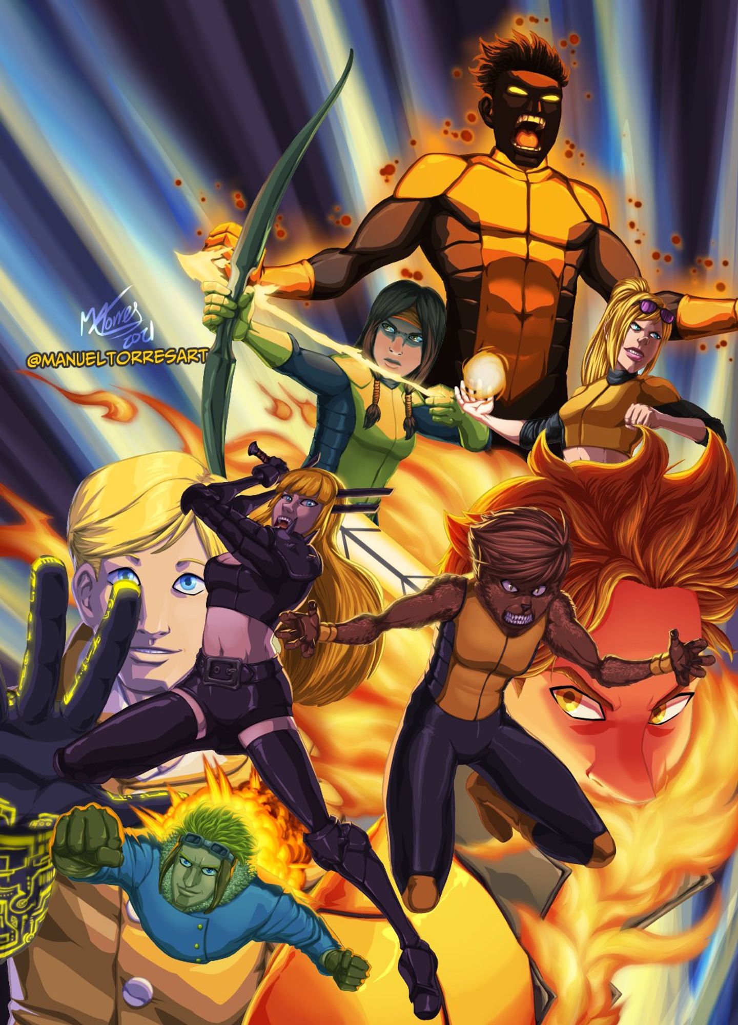 Illustration of the New Mutants, from Marvel comics, that includes: Sunspot, Mirage, Boom-Boom, Cypher, Cannonball, Chamber, Wolfsbane and Magik.