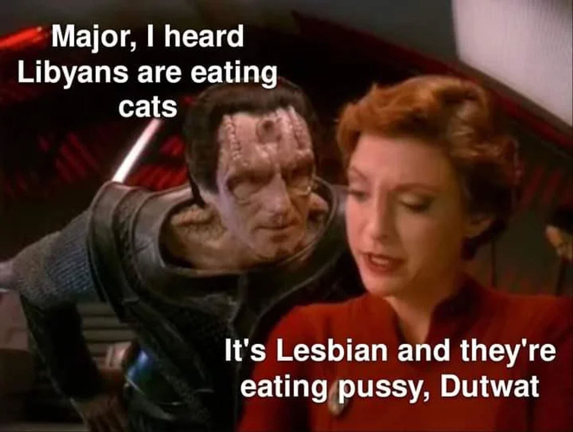 Dukat: Major I heard libyans are eating cats

Major Kira: It's lesbian and they are eating pussy, Dutwat. 

start trek ds9