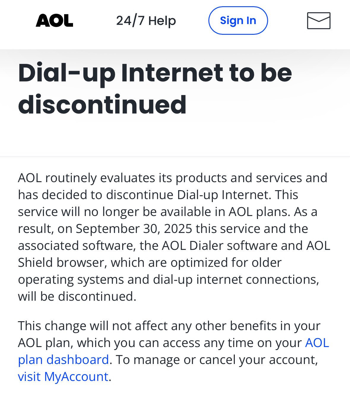 AOL notice about ending their dial-up plans 
