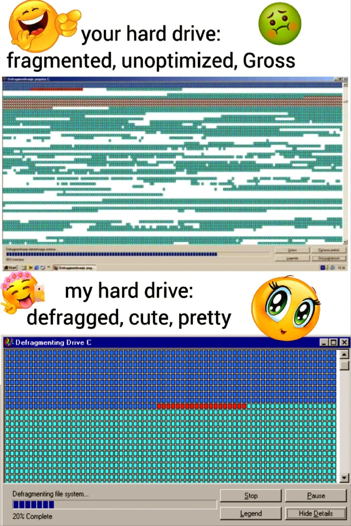 Defrag meme with newer hmm emoticons 