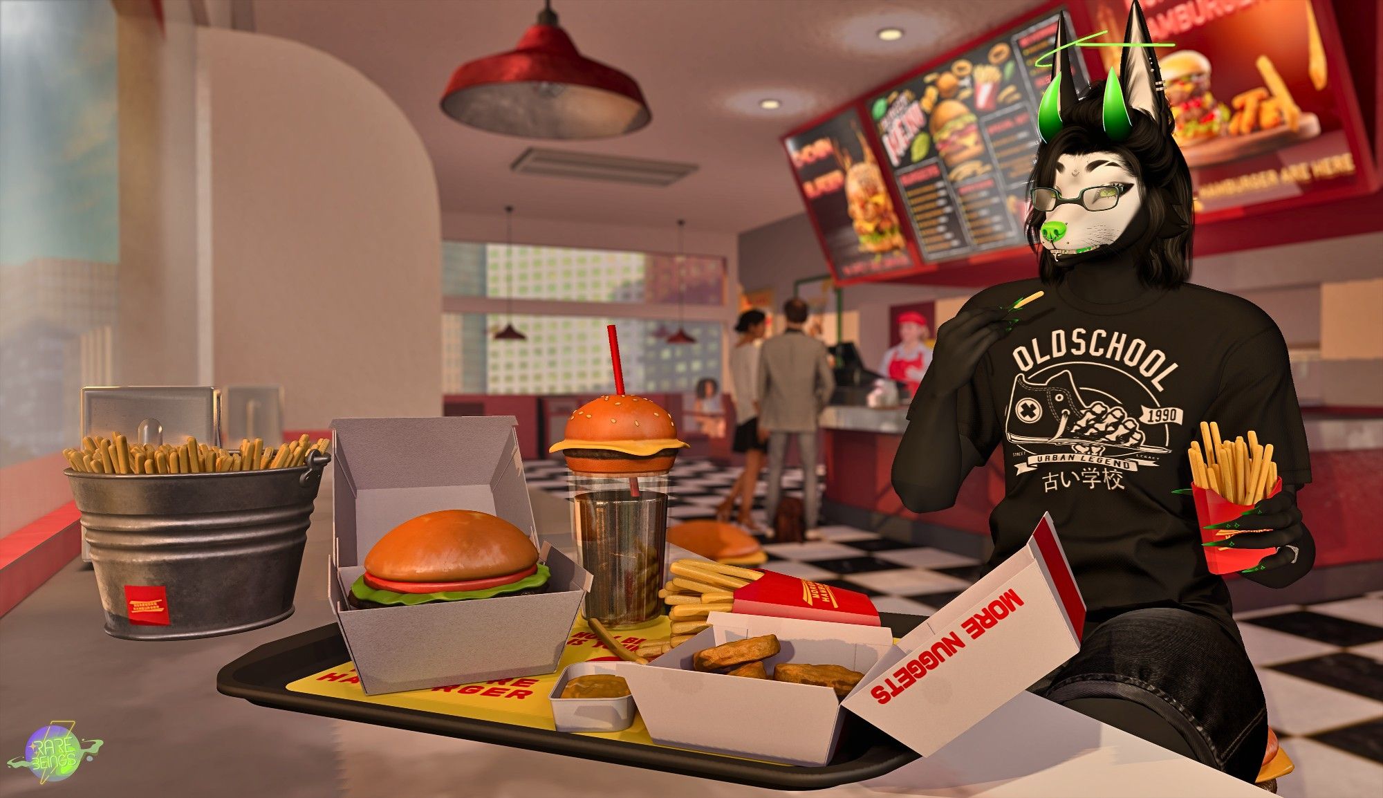 An anthropomorphic wolfsky is eating way too many fries again in a retro-styled diner.