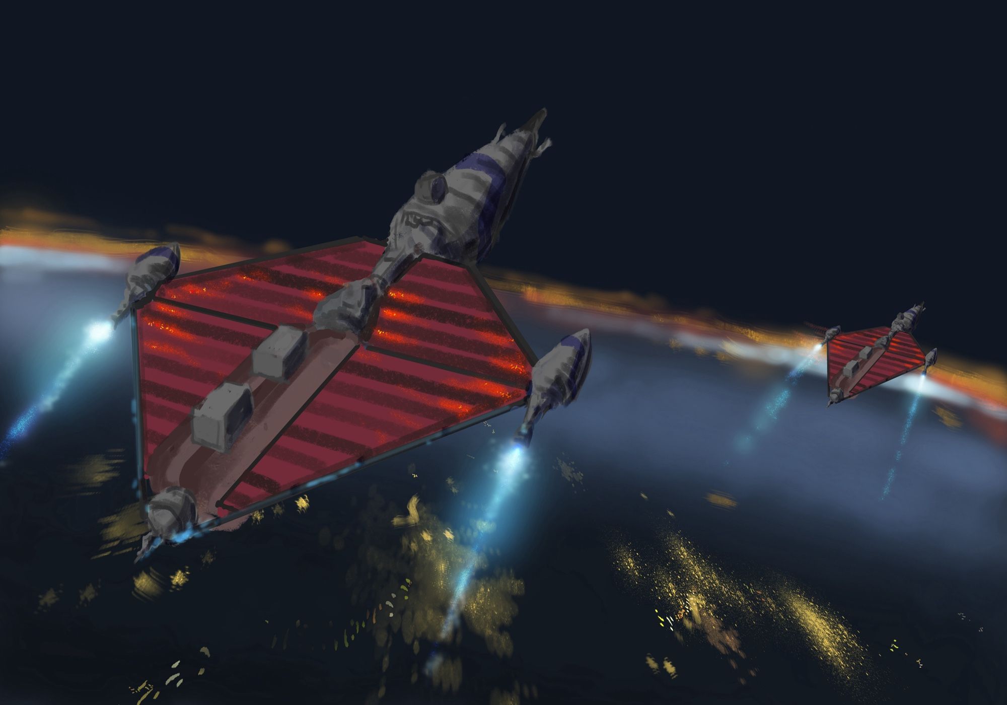 Large space fighters, their radiators glowing fly in low orbit over a planet