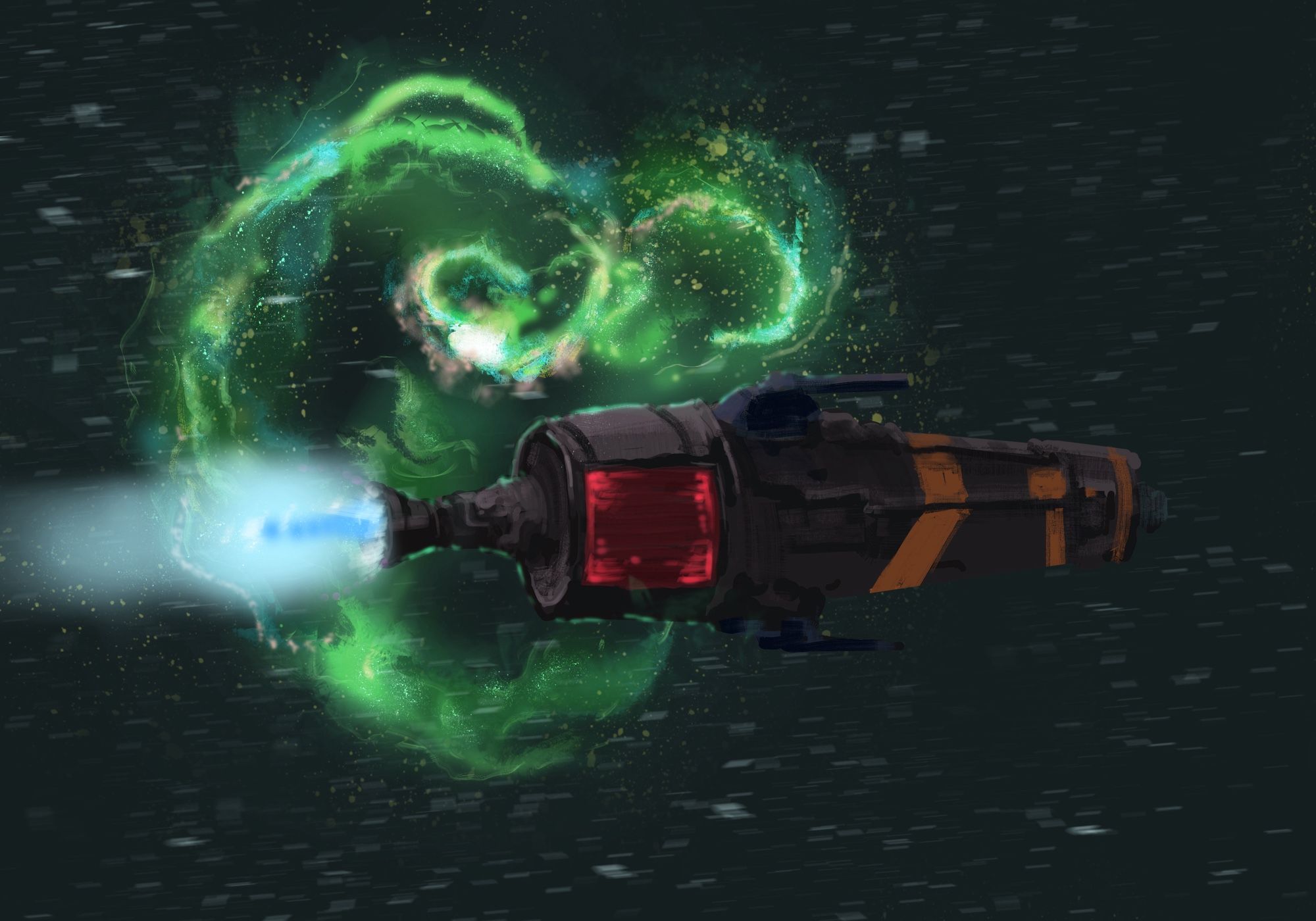 A small gunship flies through space in front of a huge green nebula