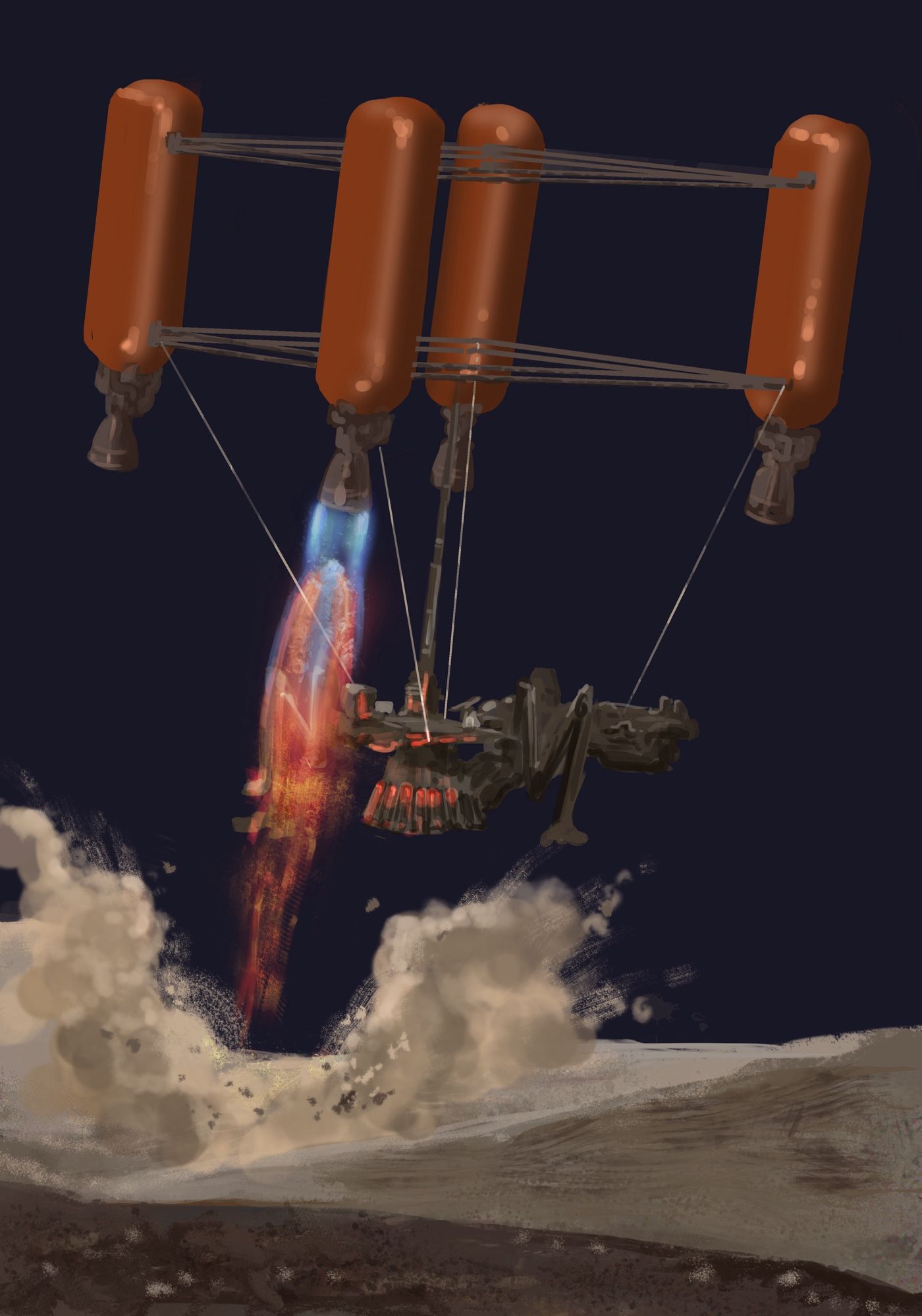 A chemical rocket pack lowers a mining Walker onto the surface of an asteroid