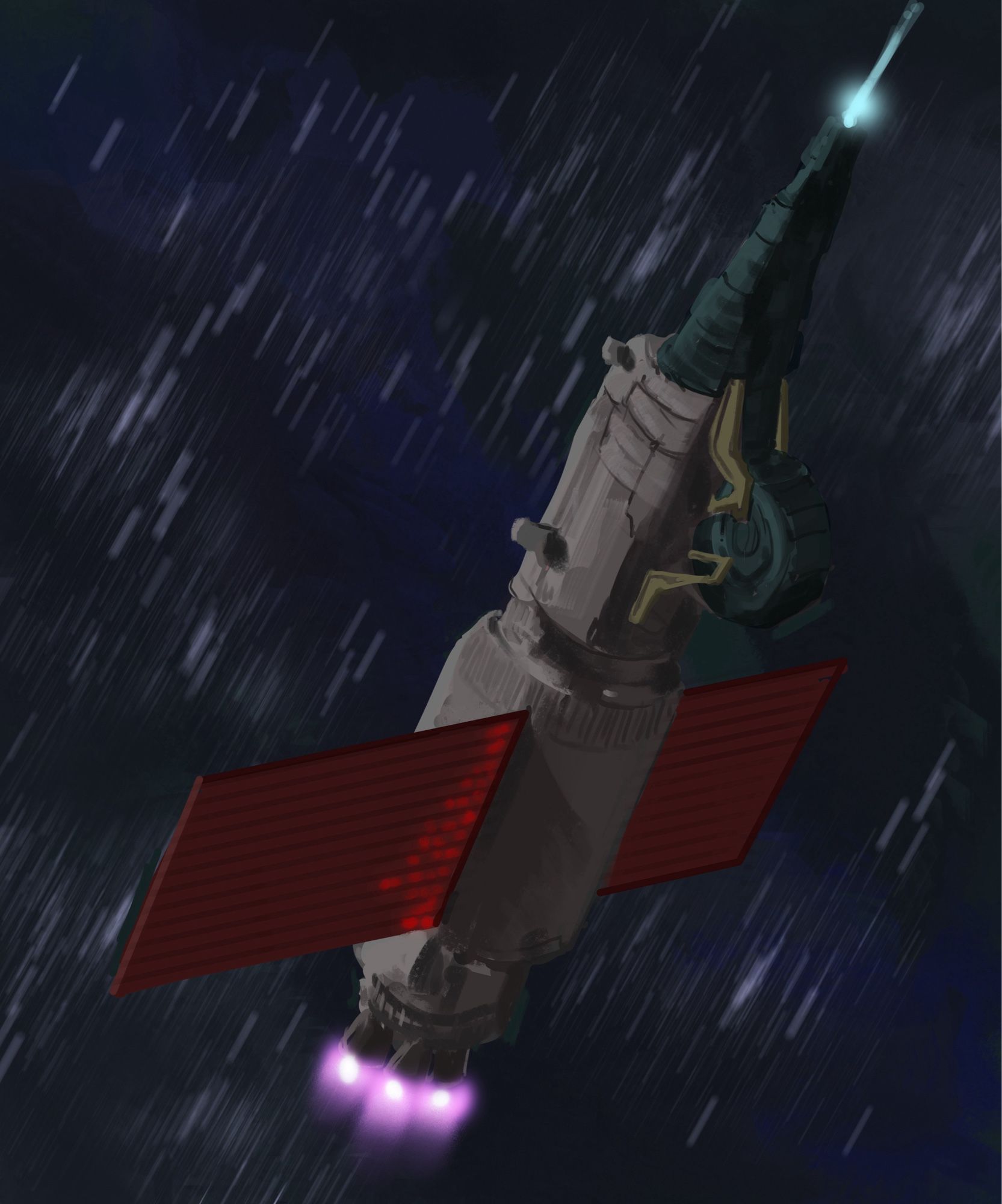 A frigate burns hard, firing its keel mounted particle cannon