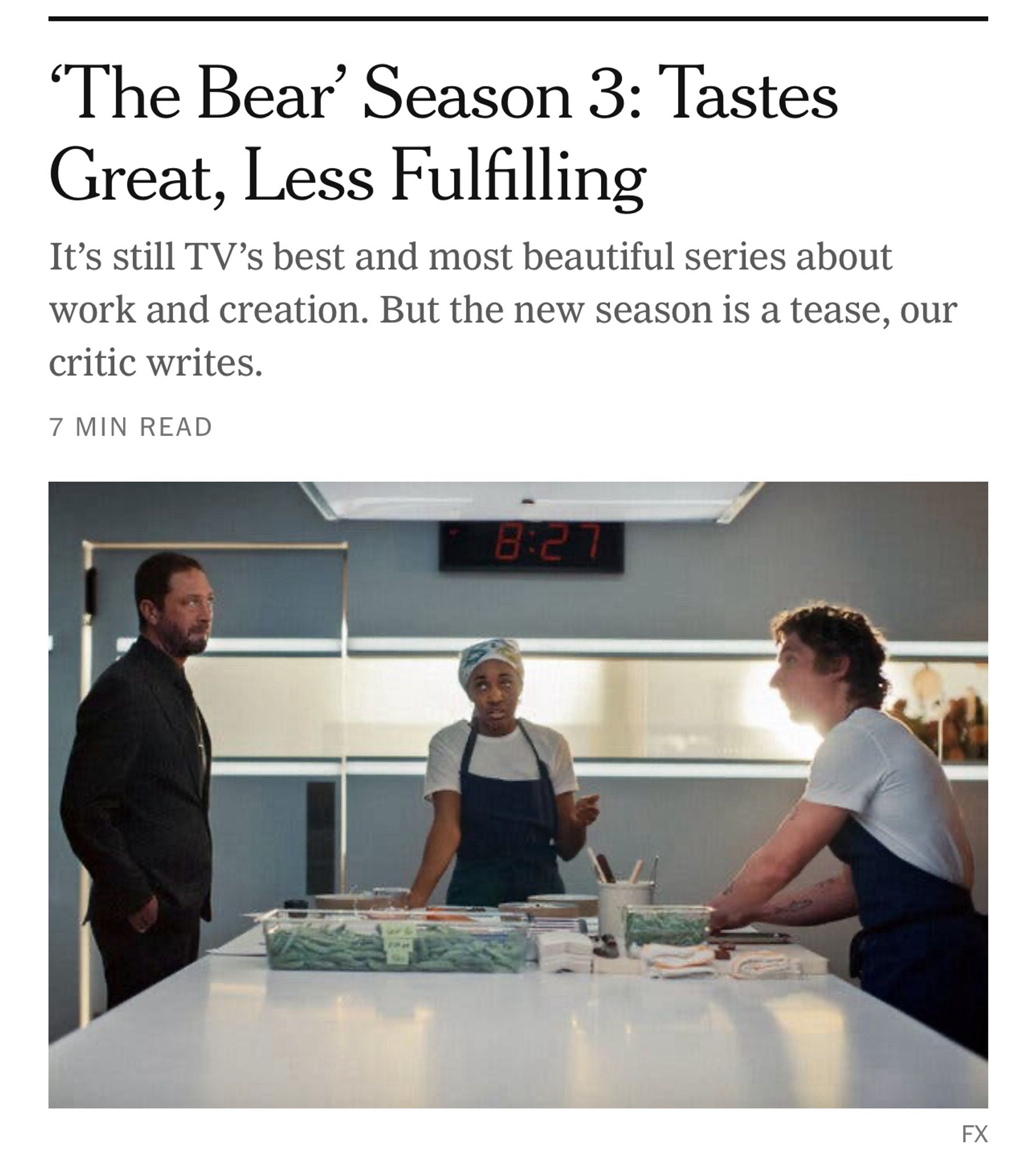 Screenshot of a NYT article headlined “The Bear Season 3: Tastes Great, Less Fulfilling”, featuring an image of main cast members in what can be assumed to be a kitchen (I have never seen this show.).