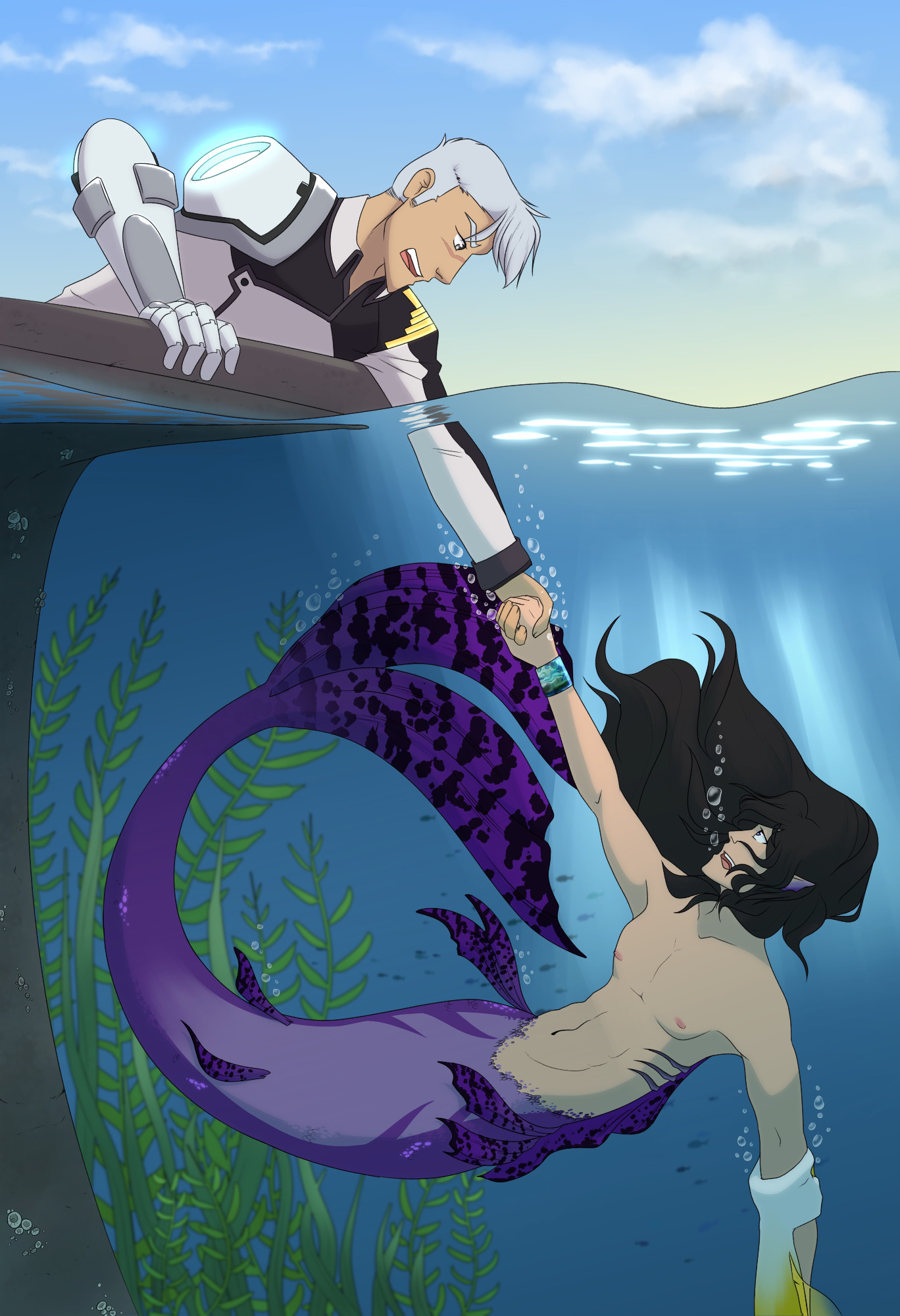 Fanart of Shiro and Keith from Voltron: Keith has been turned into a mer and Shiro is reaching into the water from a pier to hold onto him while another mer's hand is dragging Keith down.