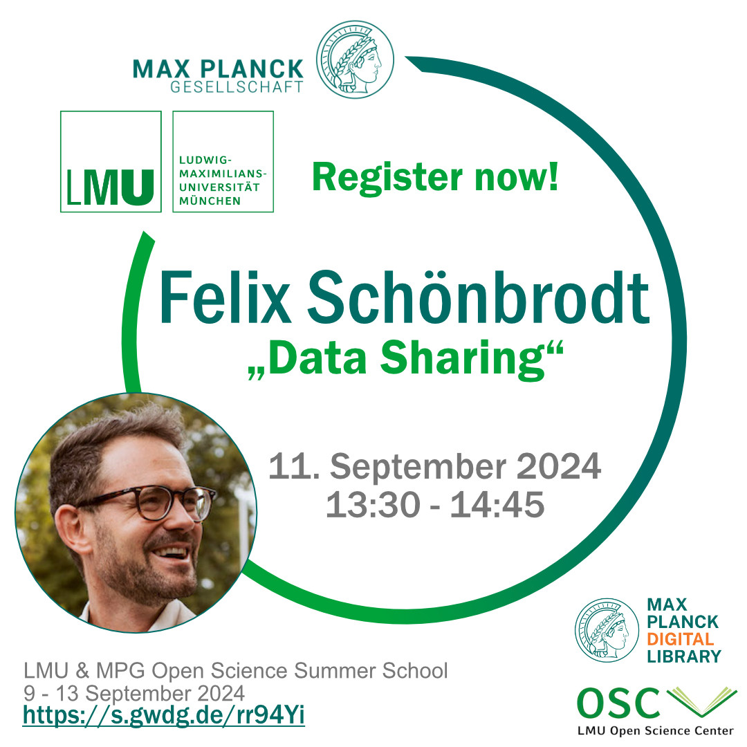 Promo image for the lecture “Data Sharing” by Felix Schönbrodt on September 11th from 13:30-14:45  as part of the LMU and MPG Open Science Summer School.