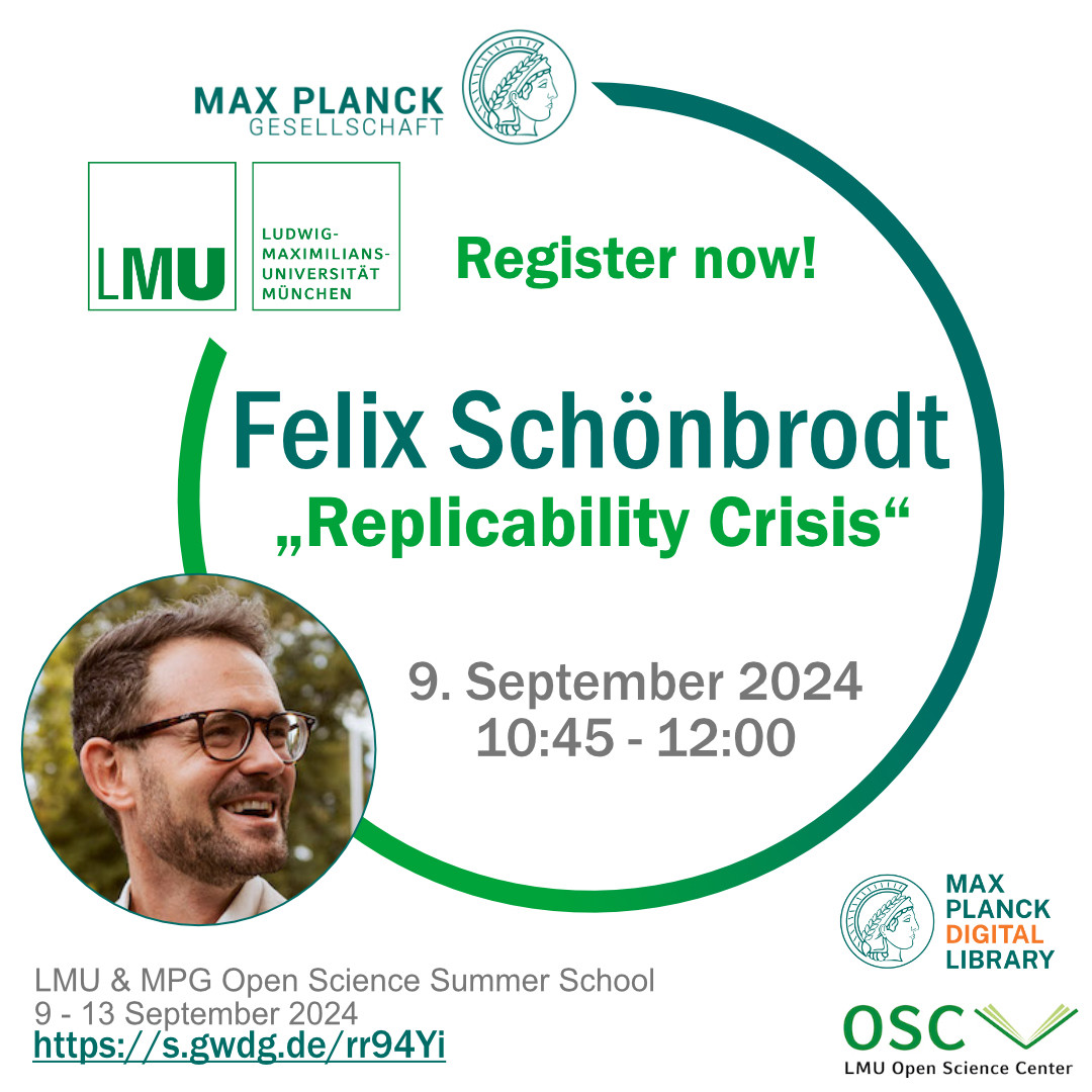 Promo image for the lecture “Replicability Crisis” by Felix Schönbrodt on September 9th from 10:45-12:00 as part of the LMU and MPG Open Science Summer School.