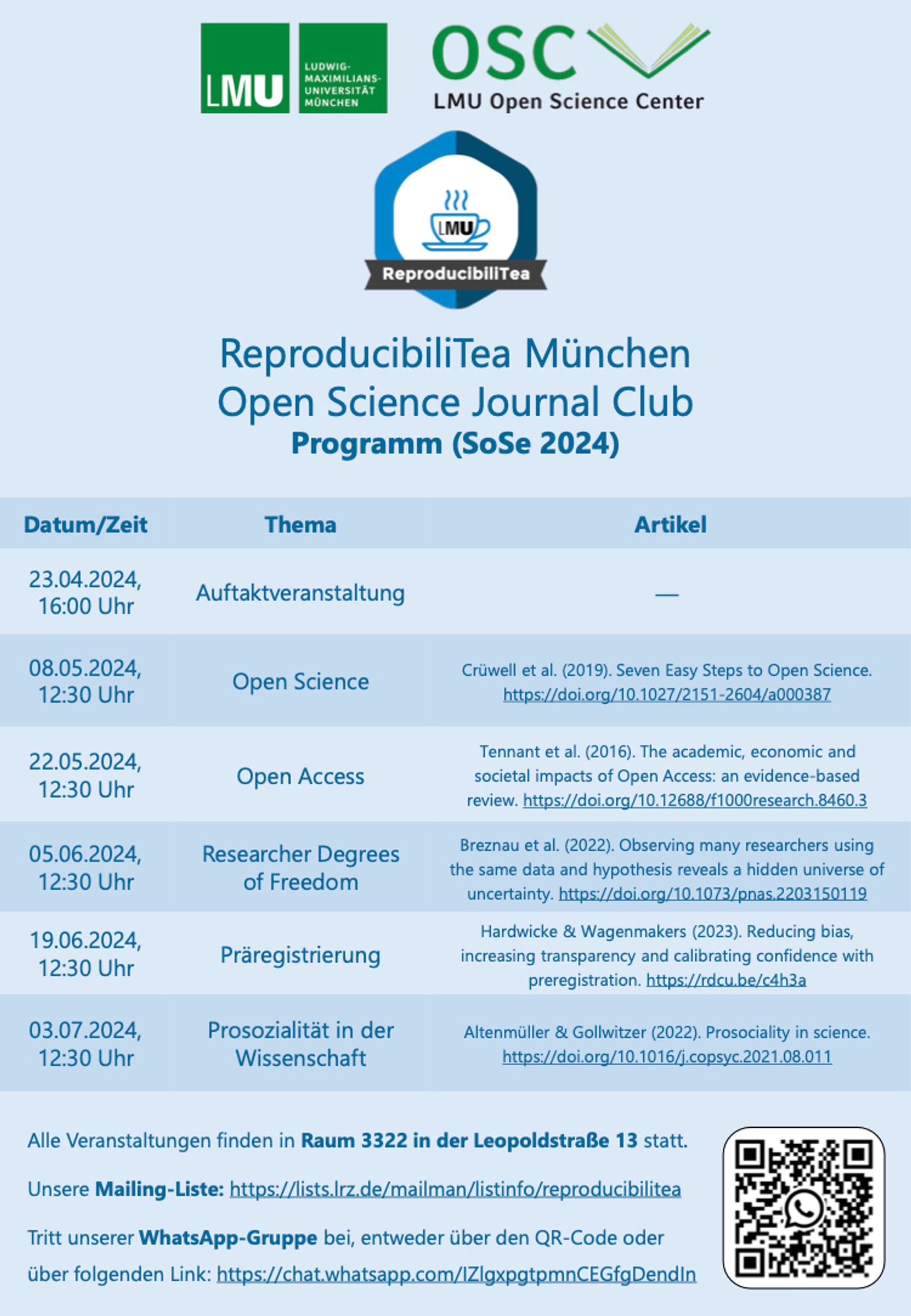 Semesterprogramm des ReproducibiliTea Journal Clubs für dieses Sommersemester; 
Eventtabelle mit Datum, Thema und Paper:
1.: Auftaktveranstaltung ; 23.04.2024 16:00
2.: Open Science; 8.05.2024 12:30
3.: Open Access; 22.05.2024 12:30
4.: Researchers Degrees of Freedom; 5.06.2024 12:30
5.: Präregistrierung; 19.06.2024 12:30
6.: Prosozilität in der Wissenschaft; 3.07.2024 um 12:30.
Für mehr Informationen über die Sitzungen: https://www.osc.uni-muenchen.de/events/index.html

Alle Sitzungen in Raum 3322 in der Leopoldstraße 13.
Mailing Liste für Newsletter: https://lists.lrz.de/mailman/listinfo/reproducibilitea.
Whatsapp Gruppe: https://chat.whatsapp.com/IZlgxpgtpmnCEGfgDendIn