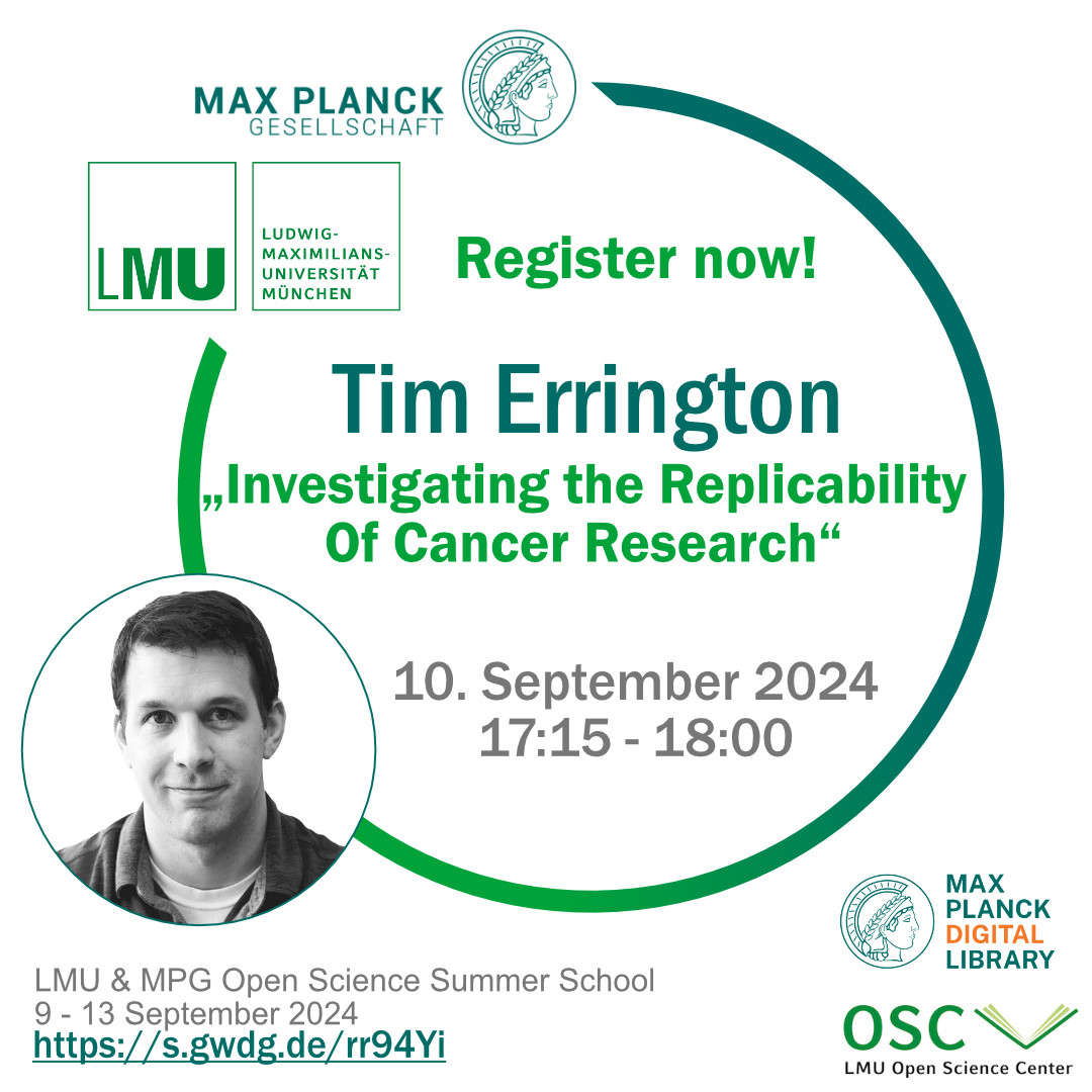 Promo image for the lecture “Investigating the replicability of cancer research” by Tim Errington on September 10th from 17:15-18:00 as part of the LMU and MPG Open Science Summer School.