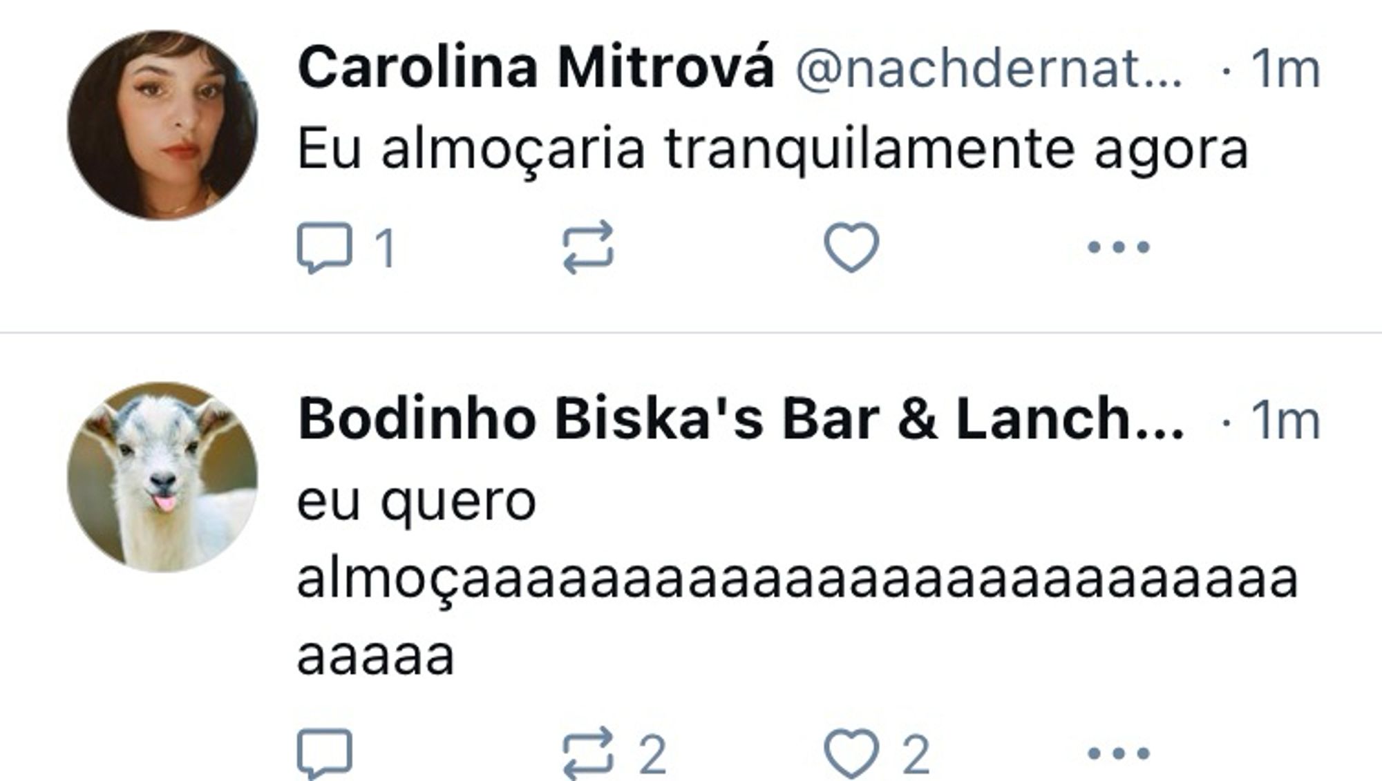 Dois posts de pessoas diferentes falando quero almocaaaaaaar