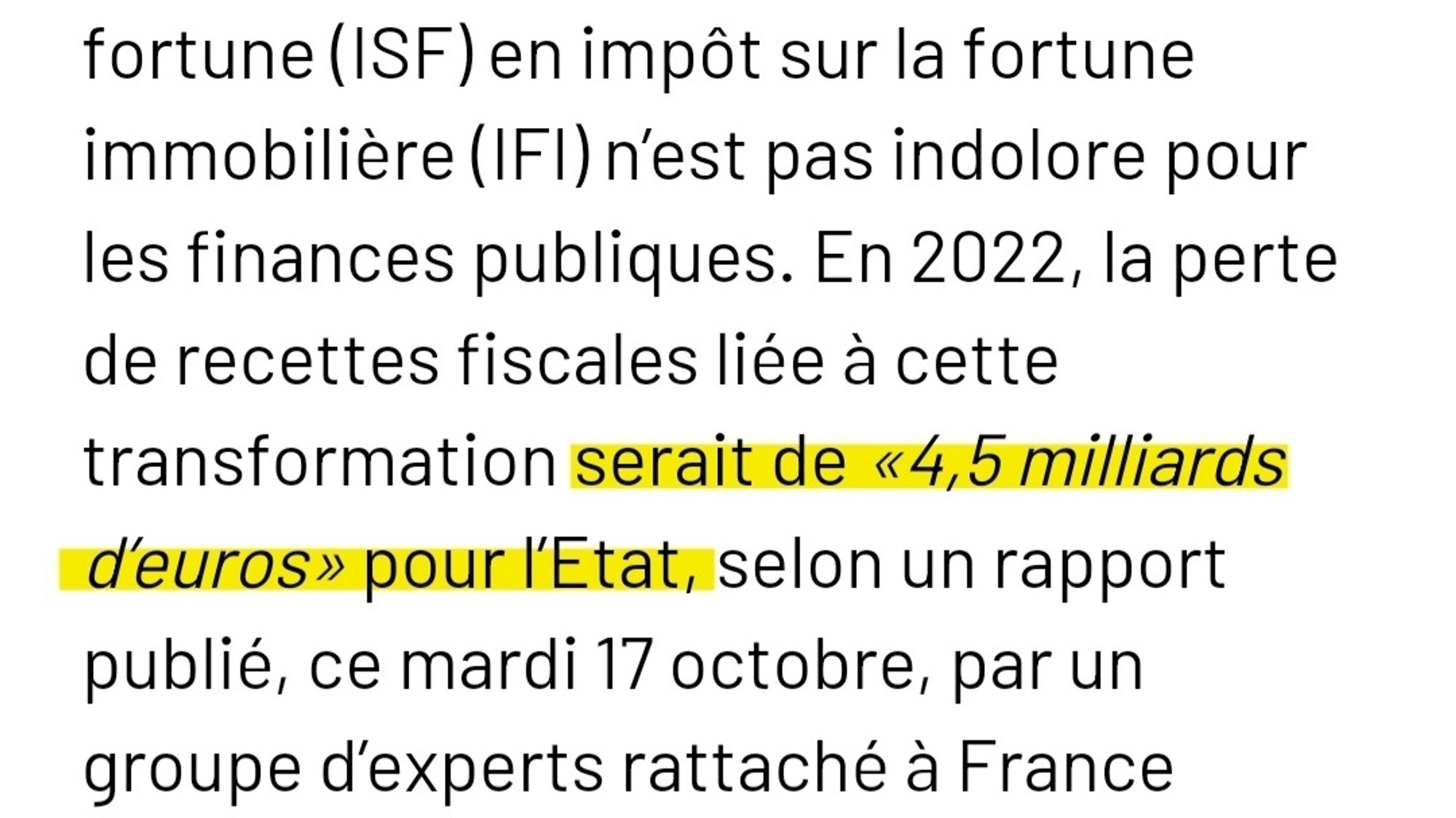 Un article de Capital (octobre 2023) qui chiffre le manque à gagner annuel de l'ISF à 4 milliards d'euros (j'arrondis je suis sympa)