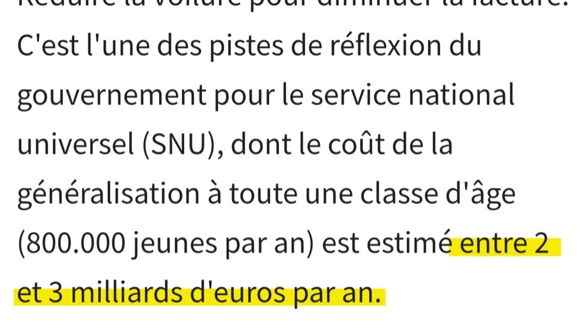 Un extrait d'article des Echos (avril 2024) qui estime le coût annuel du SNU entre 2 et 3 milliards d'euros