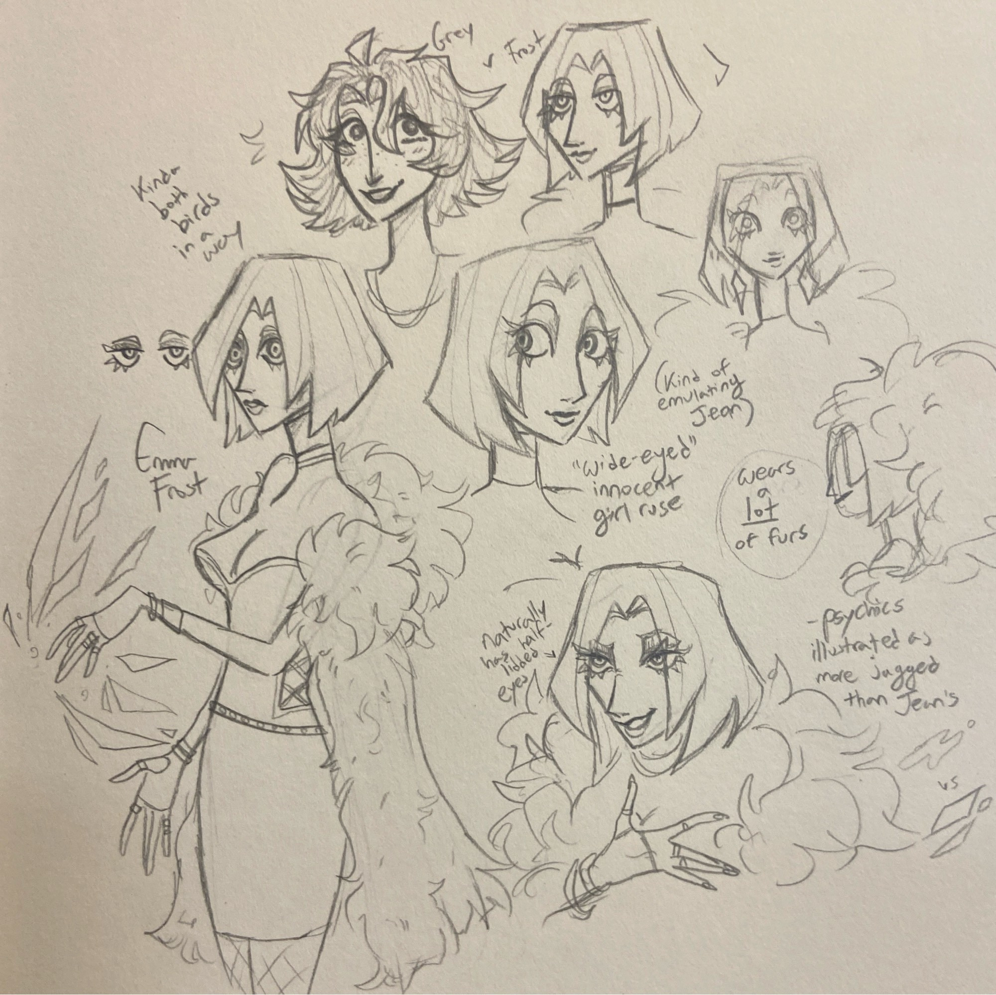 A page of Emma Frost design notes, portraying her wearing furs and originally mimicking Jean Grey with a more innocent, wide-eyed persona, with her natural expressions being less cute