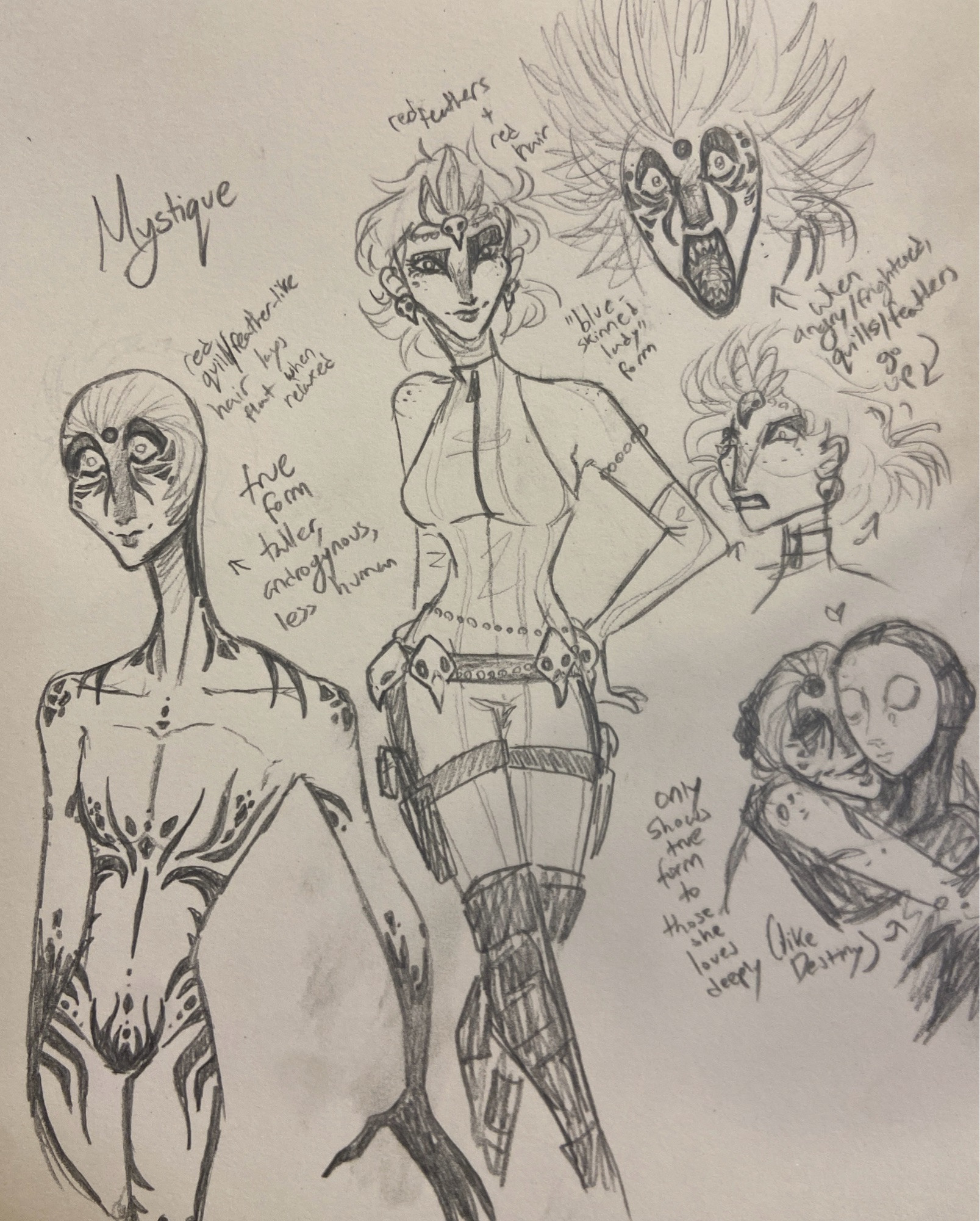 A design page featuring two forms of Mystique - a form closer to the comics, described as the ‘blue-skinned lady’ form, and a form closer to the first X-Men movies, but taller and a little freakier, known as the ‘true form’