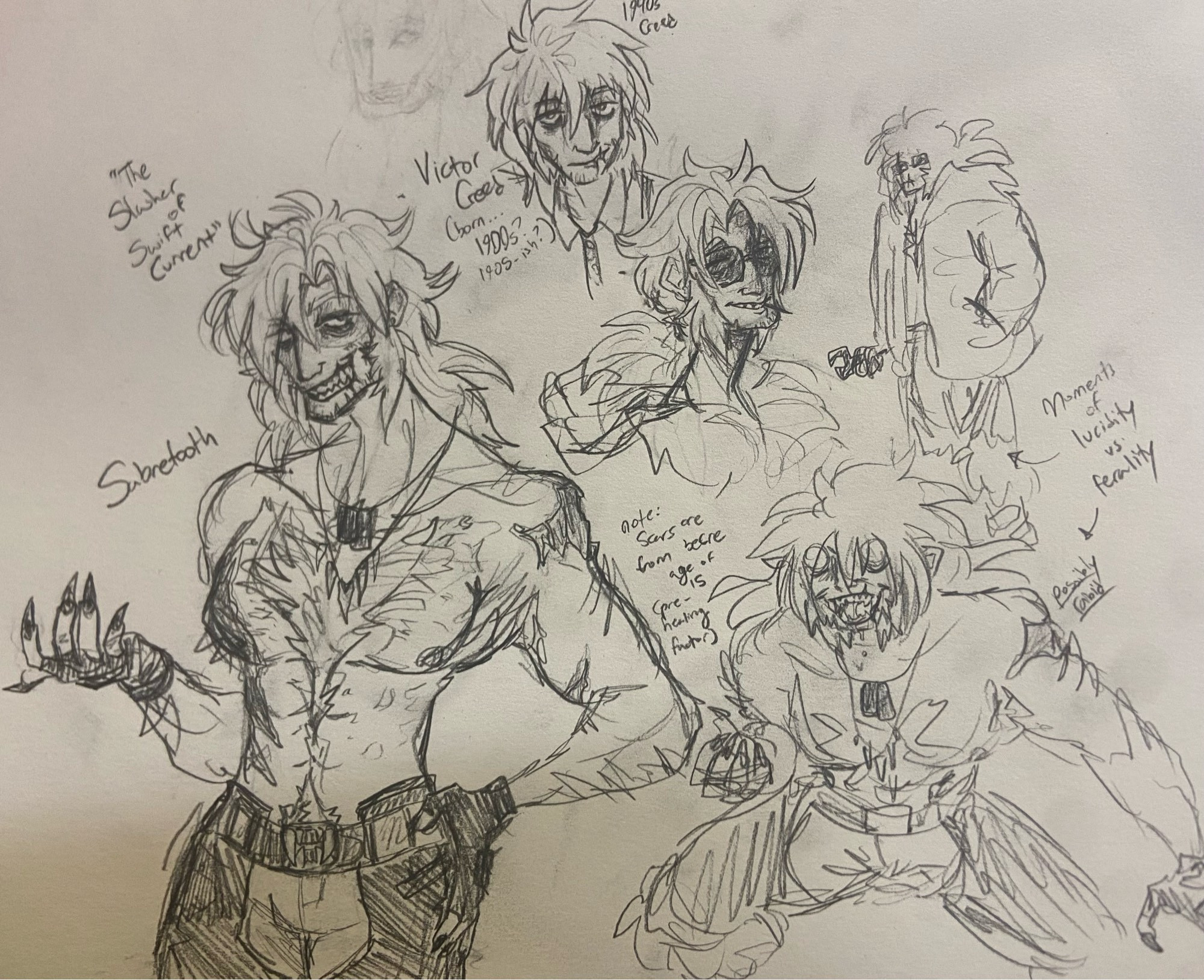 A page of Sabretooths, with the most notable drawing being one of Victor Creed shirtless. He’s wearing motorcycle chaps and a big belt with fangs on it, and his face is a little bit messed up with scratches.