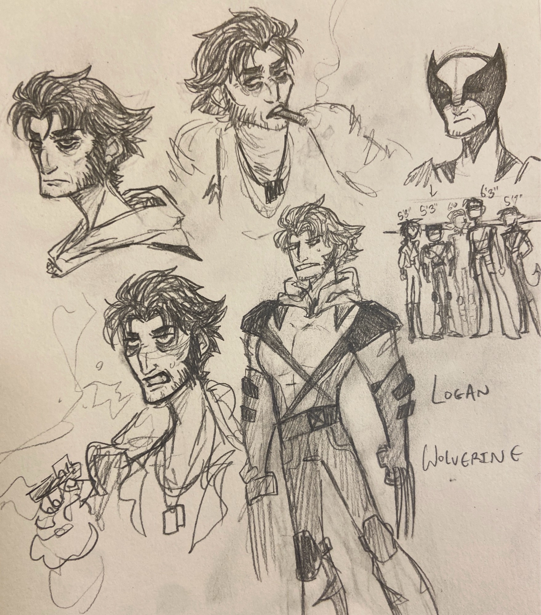 Various doodles of Logan, plus a height chart that places him at 5’3” and compares him to his taller compatriots on the X-Men