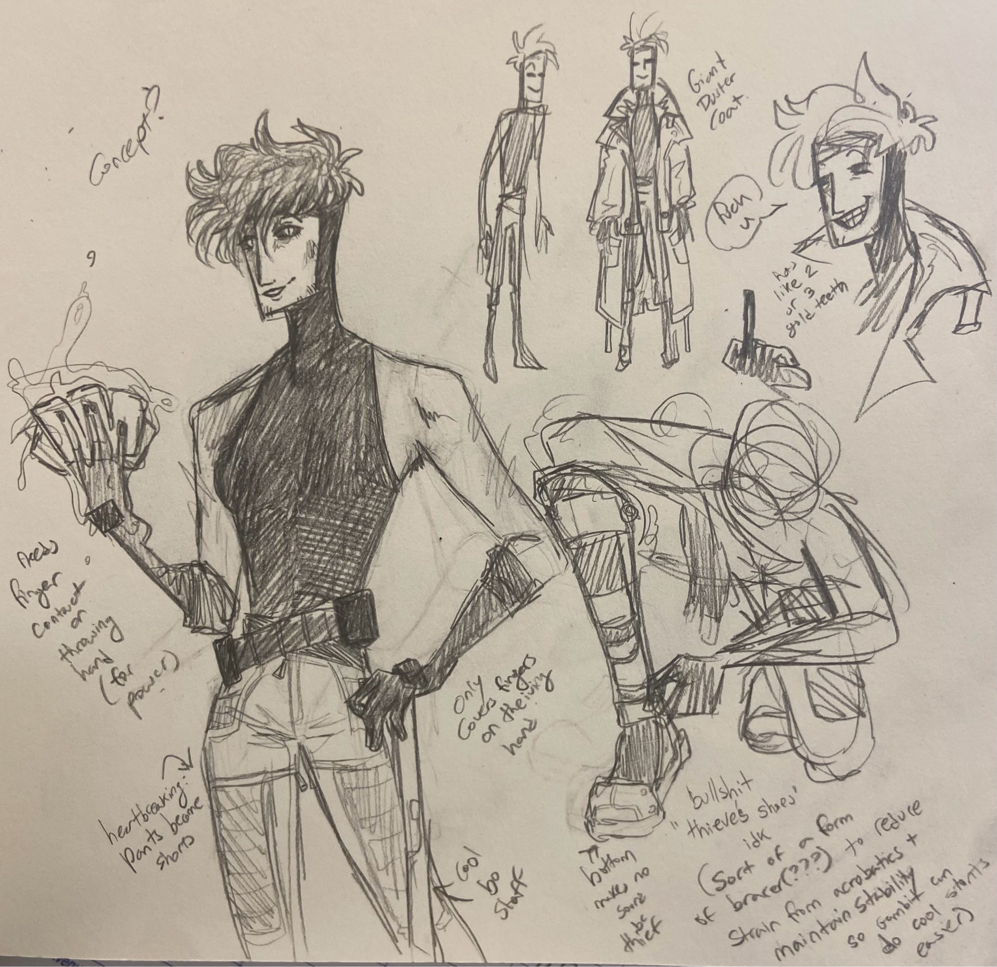 A page of Gambit design notes, featuring tidbits about his pants being able to become shorts and how his boots are meant to help him be stealthier and do acrobatics