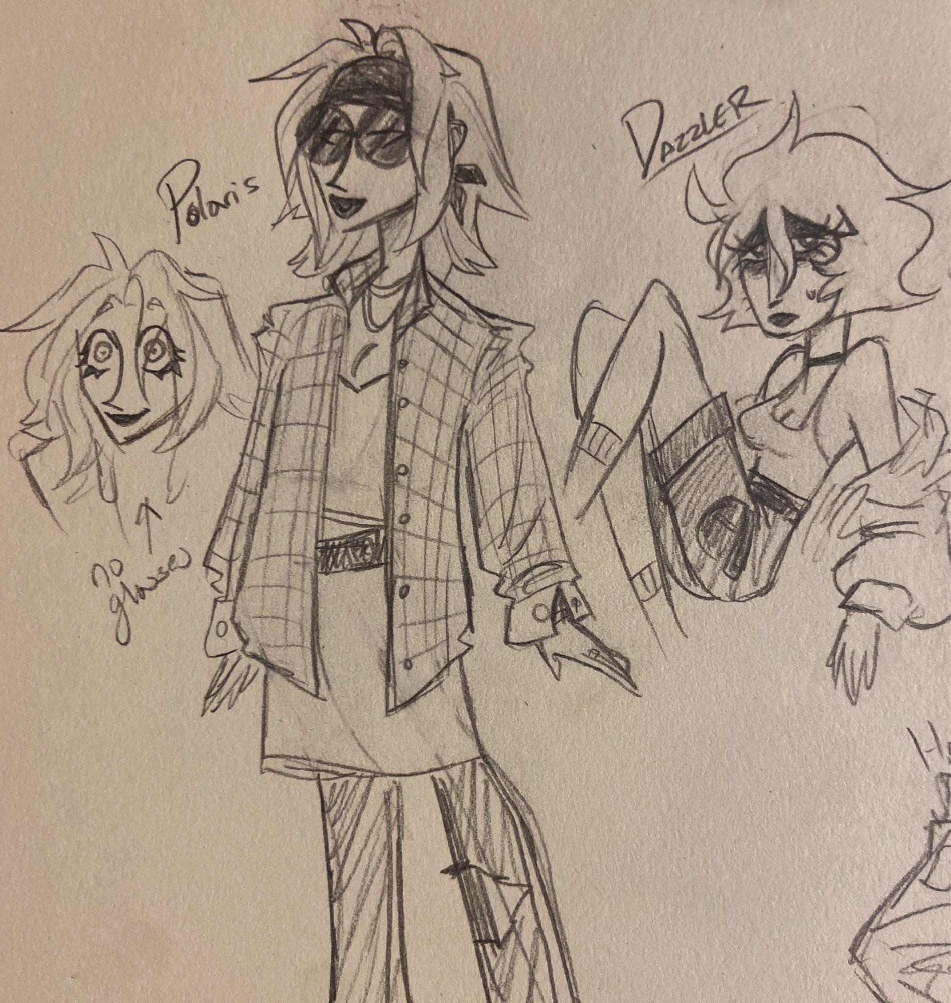 Polaris shown in casual clothes - Very grungey fashion. She has big ol eyes. Also there’s a Dazzler, drawn looking very tired and sad. She wears somewhat preppy clothes.