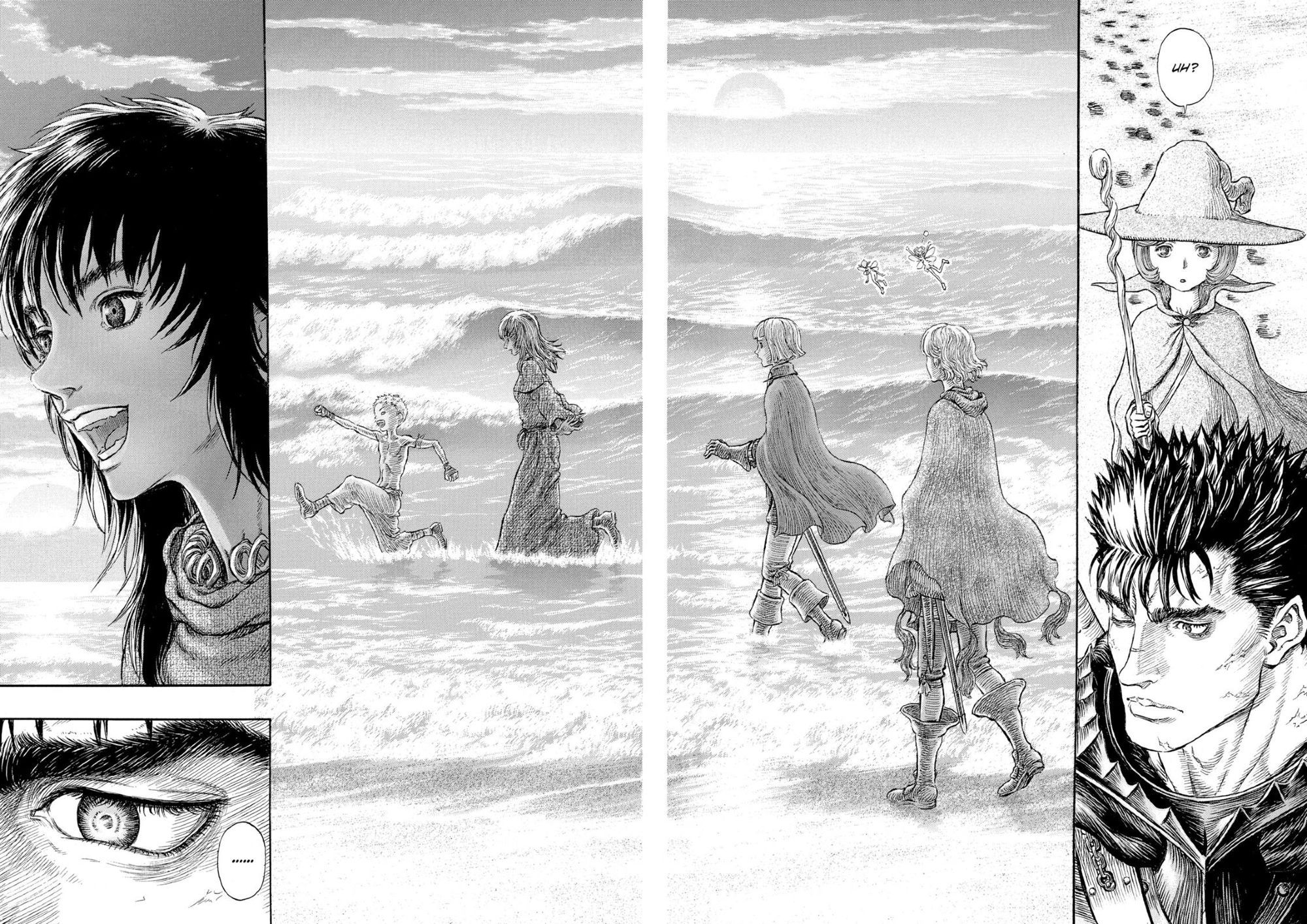 That famous Berserk's chapter 236 at the beach with Isidro, Casca, Farnese, Serpico, Schierke, Puck and Guts at the shore.