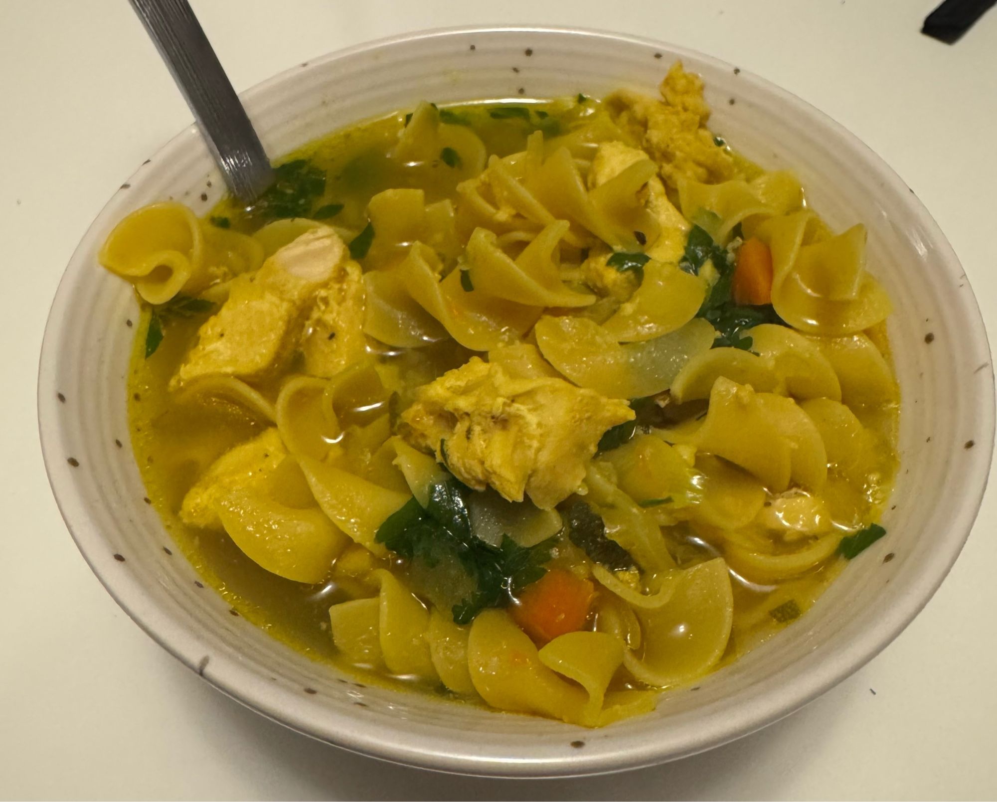 A bowl of chicken noodle soup, containing chicken, egg noodles, carrots, onion, celery, garlic, salt, pepper, turmeric, a bit of ginger, parsley, thyme, cilantro, and scallions. Also, chicken stock.