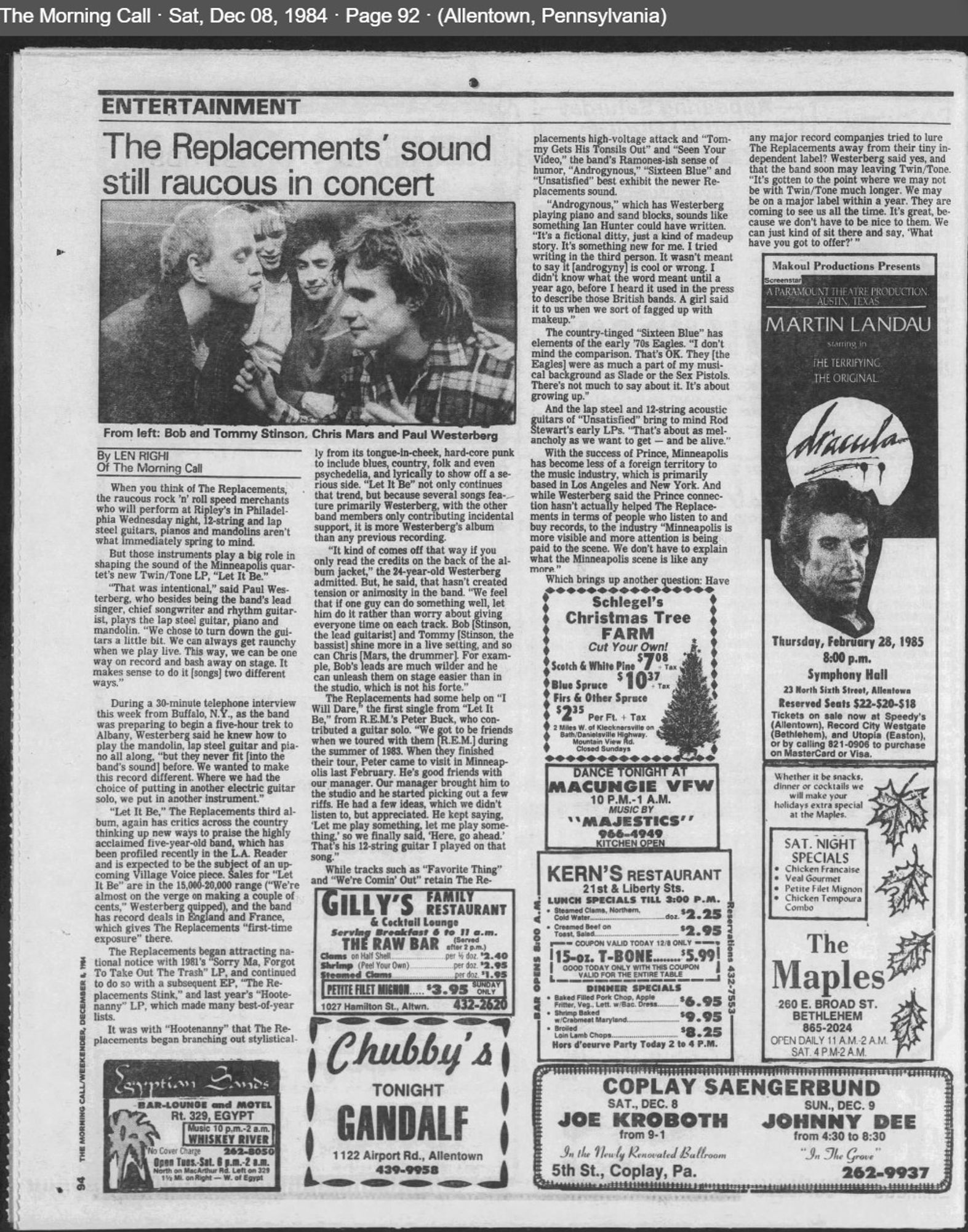 The Replacements' sound still raucous in concert
Allentown, PA. Morning Call Dec. 8, 1984