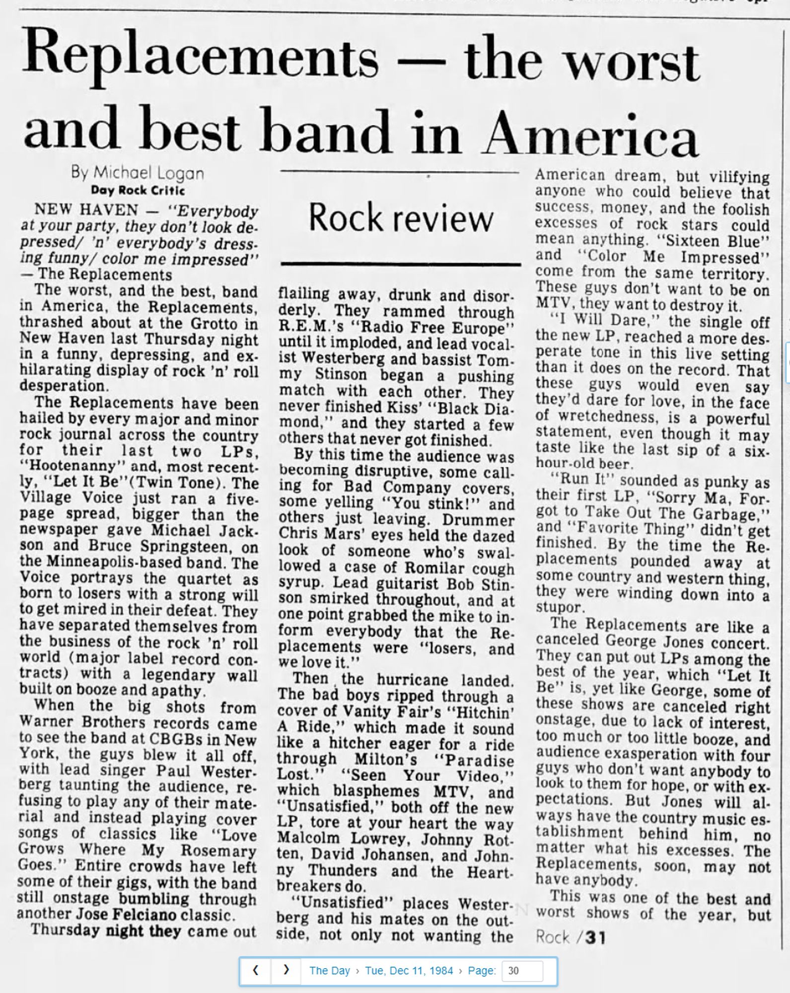 Replacements -- the worst and best band in America
The Day newspaper of New London, CT
Dec 11, 1984