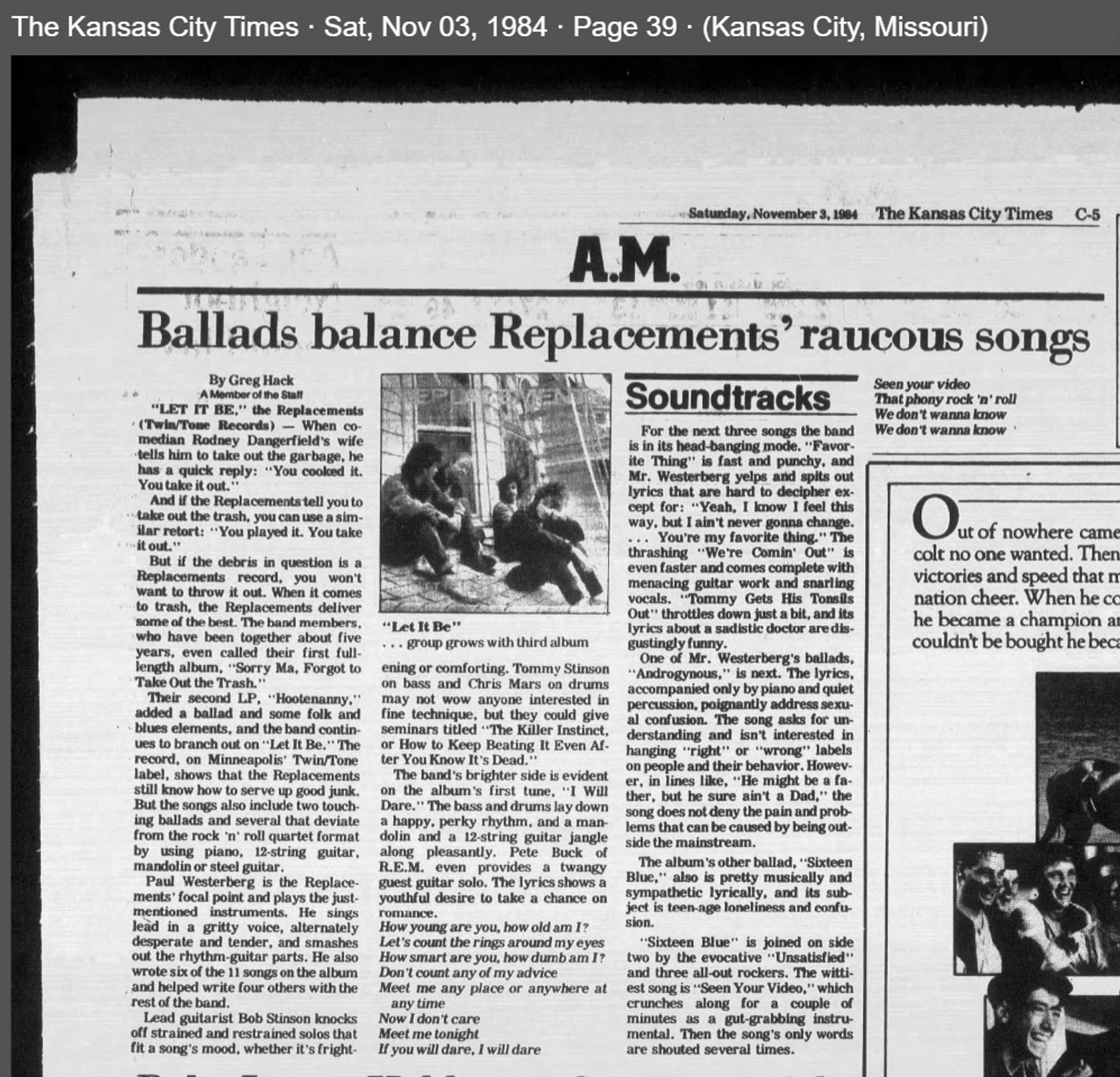 Ballads balance Replacements' raucous songs
Kansas City Times
Nov. 3, 1984