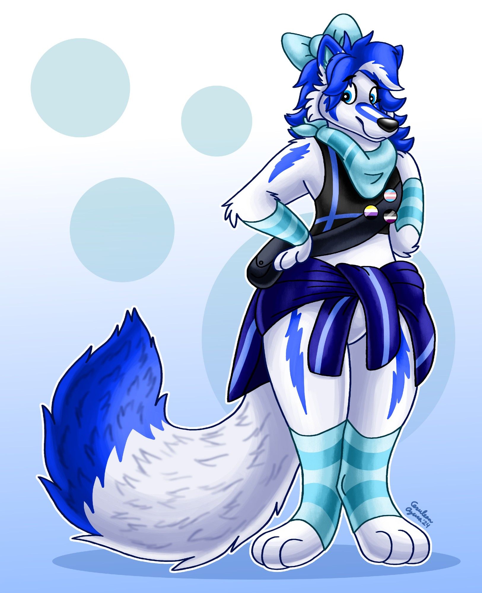 Ceru the snowfox girl standing with her paw on her hip. She is super fluffy and cute, dressed in a teal bow, striped socks on her legs and arms, with a matching bandana. She has a dark blue hoodie tied around her hips, and a satchel slung over her side, with ace, trans, and nonbinary buttons on the strap.