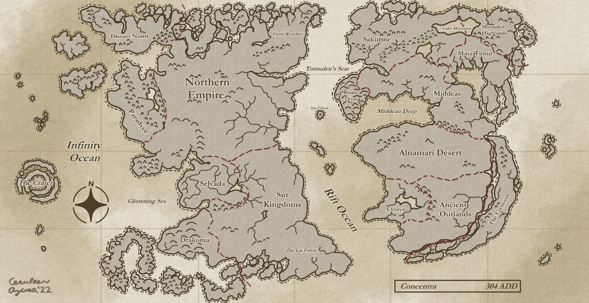 Paper style map of the fantasy world Concentra in the year 304 ADD.