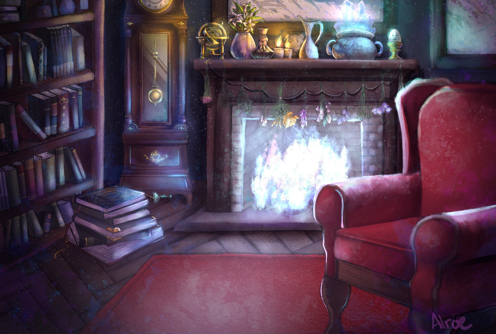 A dim room with a bookshelf, some random books, a blue fire and a big red chair. There is a grandfather clock on the back of the room, and there are several miscellaneous items on the mantle. There is a pile of books on the floor, next to the shelf. 