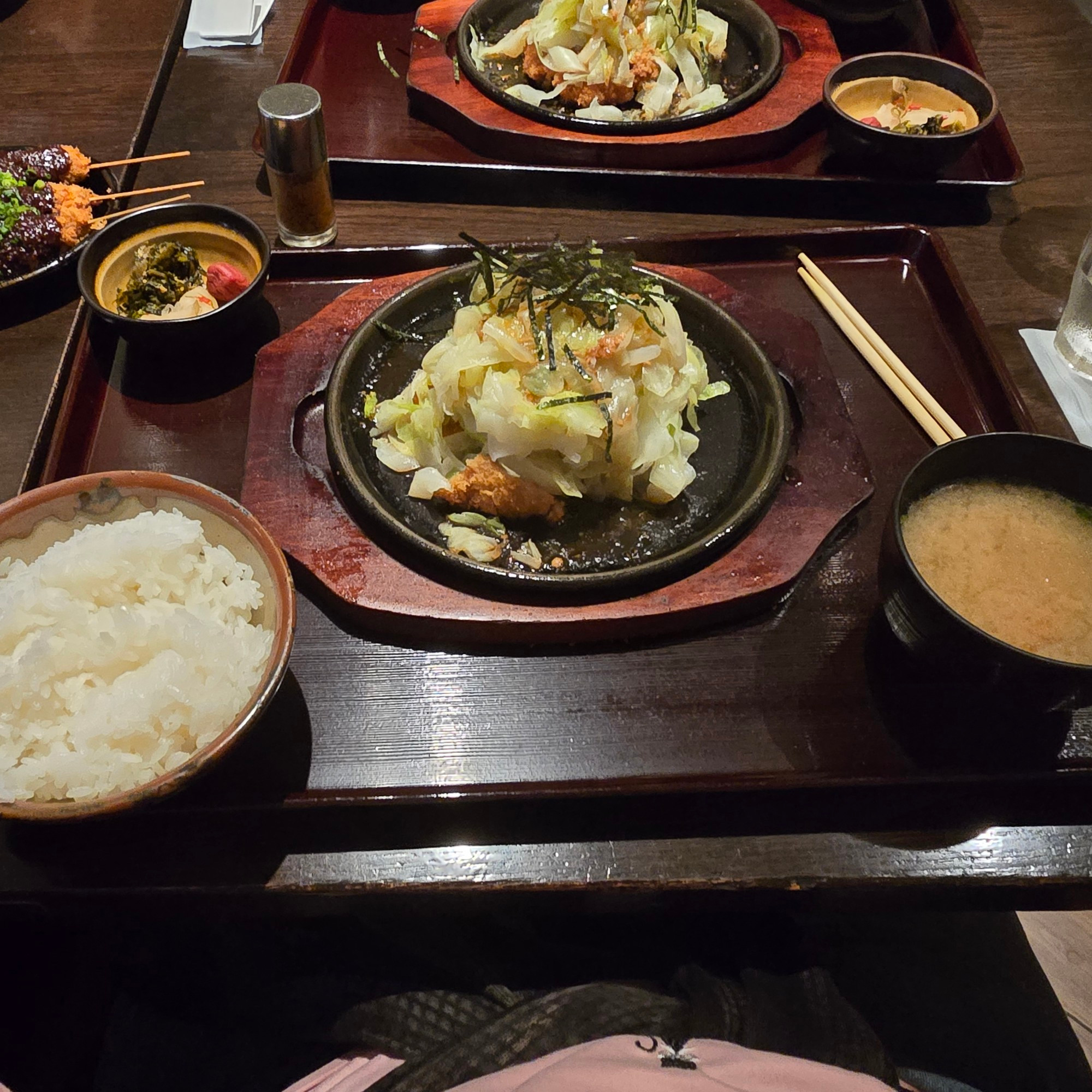 Ochazuke pork cutle part 2. Cutlet with a lot of seasoned cabbage on top. It came with rice, a very filling miso soup and some toppings for the rice. 